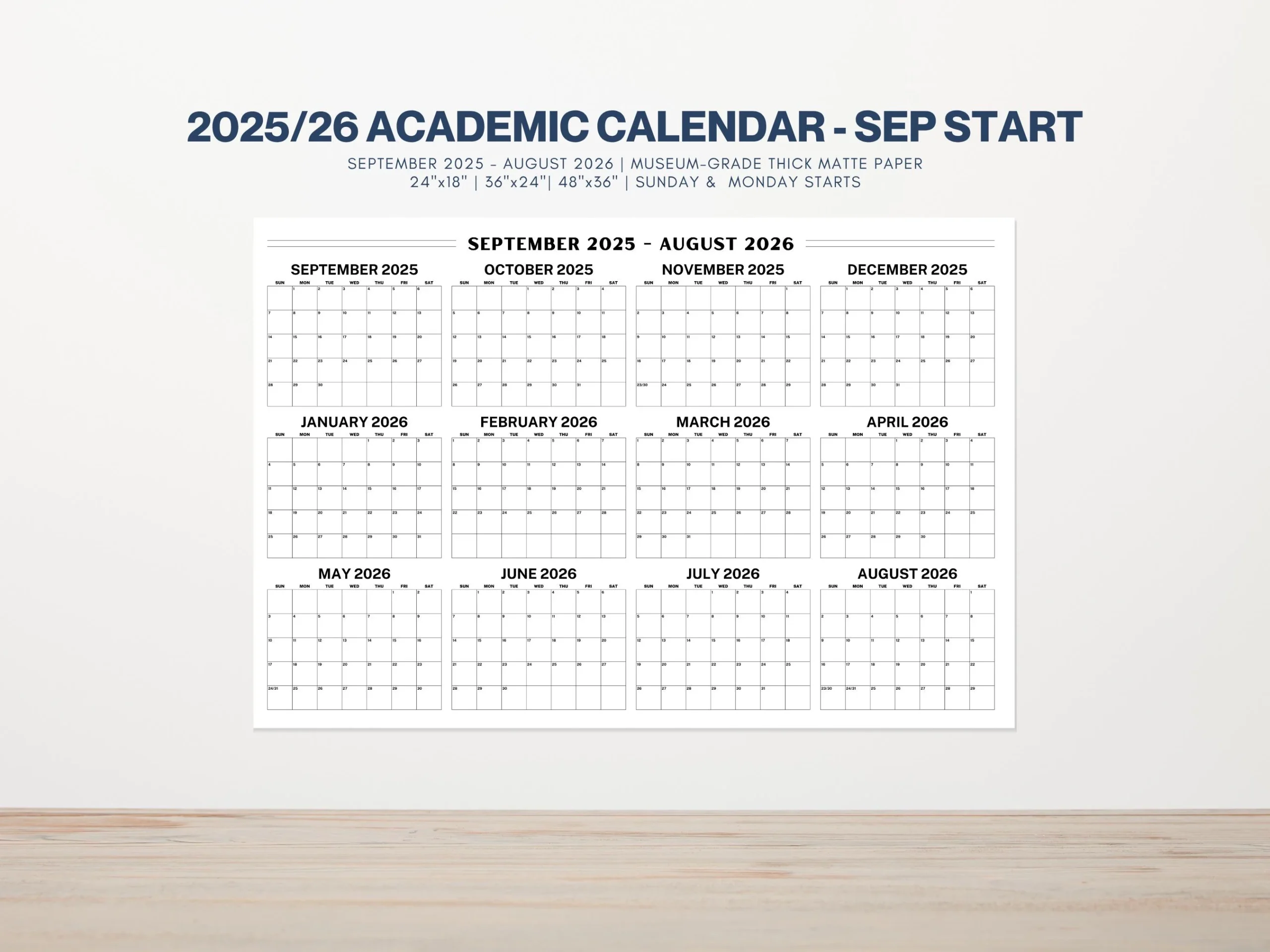 2025 2026 Academic Wall Calendar Large Year at a glance Planner 