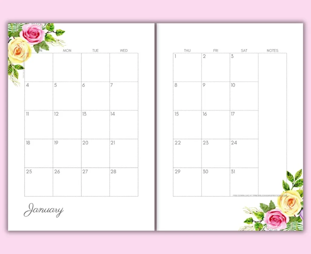 2 Page Monthly Calendar Printable Free 2026
