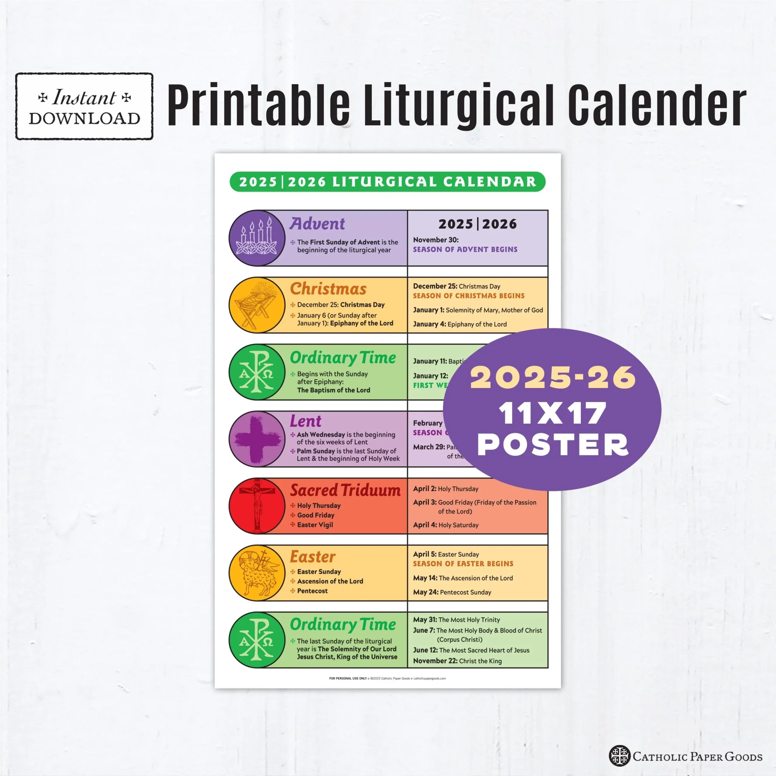 2025 26 Printable Catholic Liturgical Calendar Poster 11x17 Color 