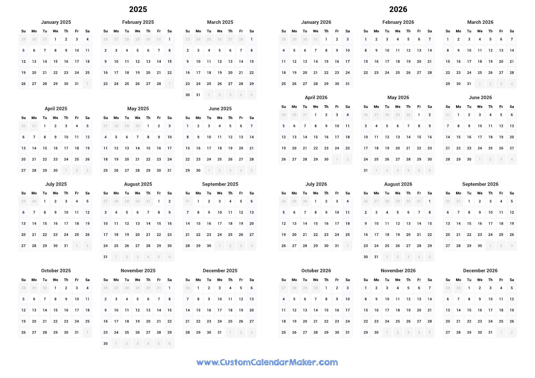 2025 And 2026 Two Year Calendar Custom Calendar Maker