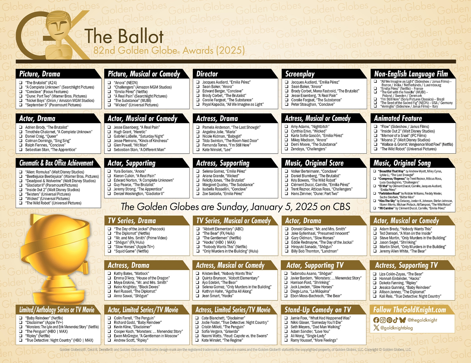 2025 Golden Globe Awards Printable Ballot The Gold Knight 