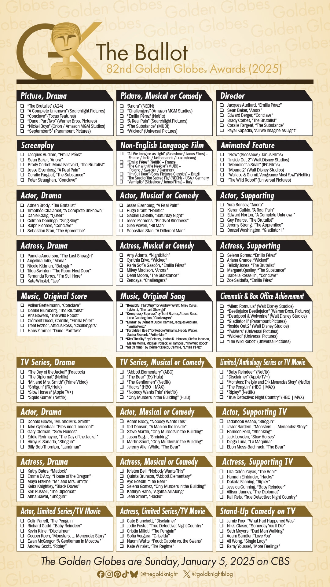 Golden Globes 2026 Printable Ballot
