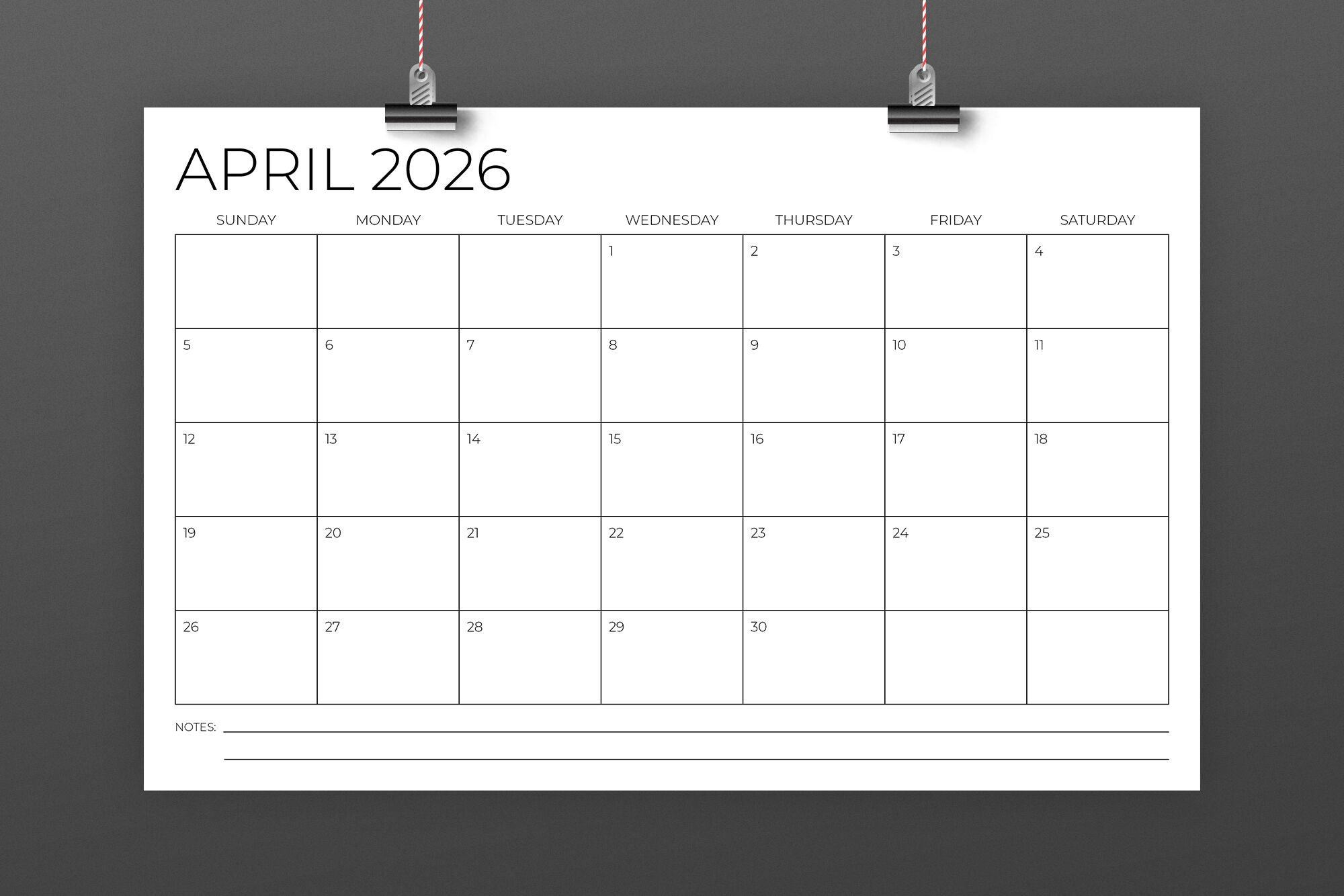 Blank Calendar Template 2026 Printable