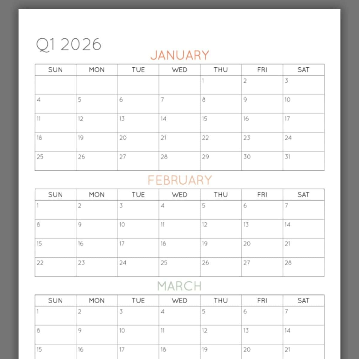 3 Month Printable Calendar 2026