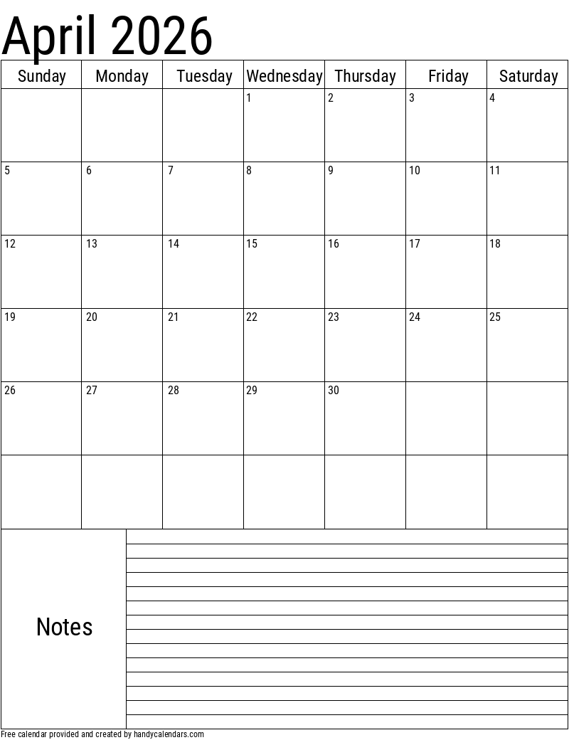 Printable April 2026 Calendar