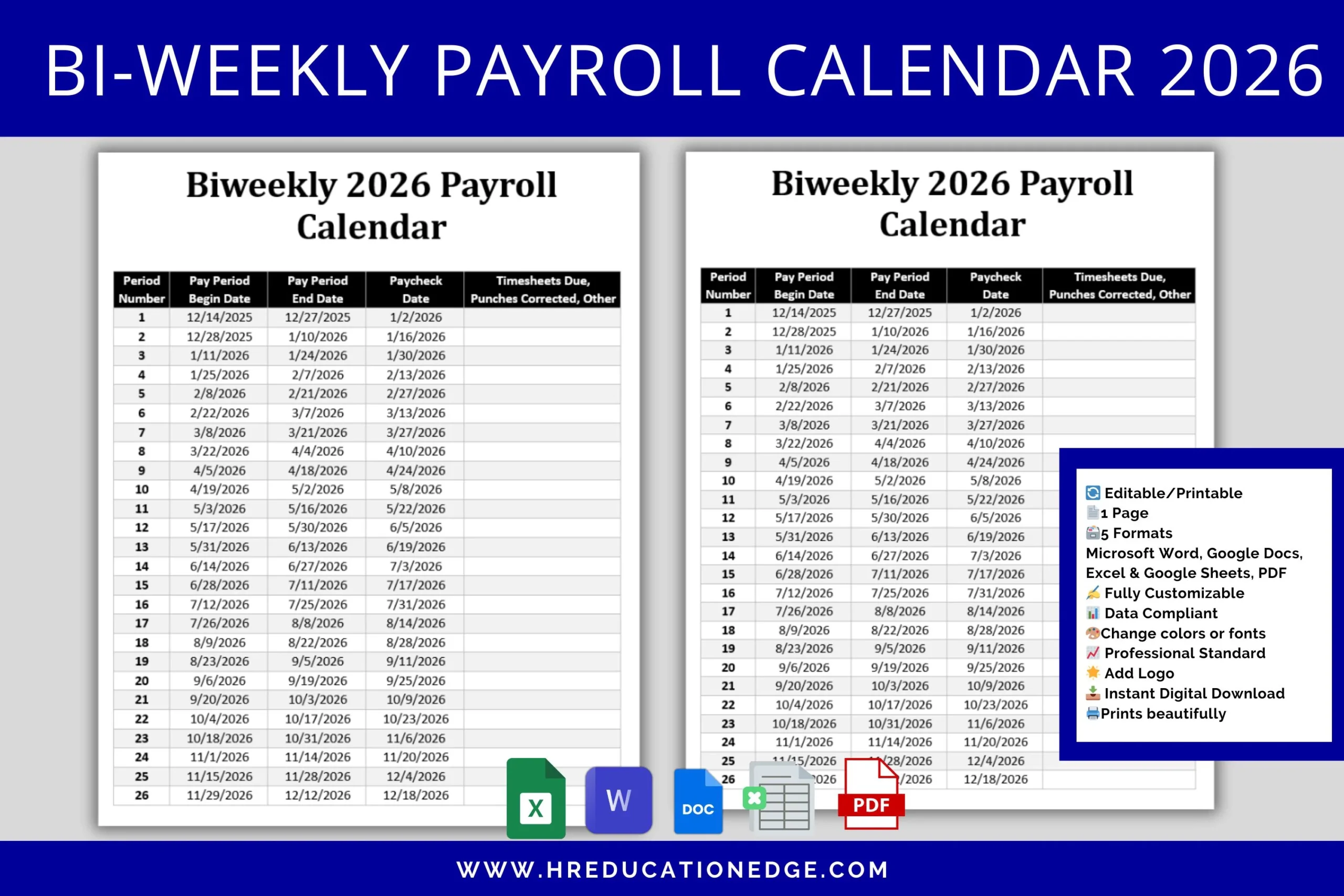 2026 Biweekly Payroll Calendar Editable MS Word amp Excel digital 