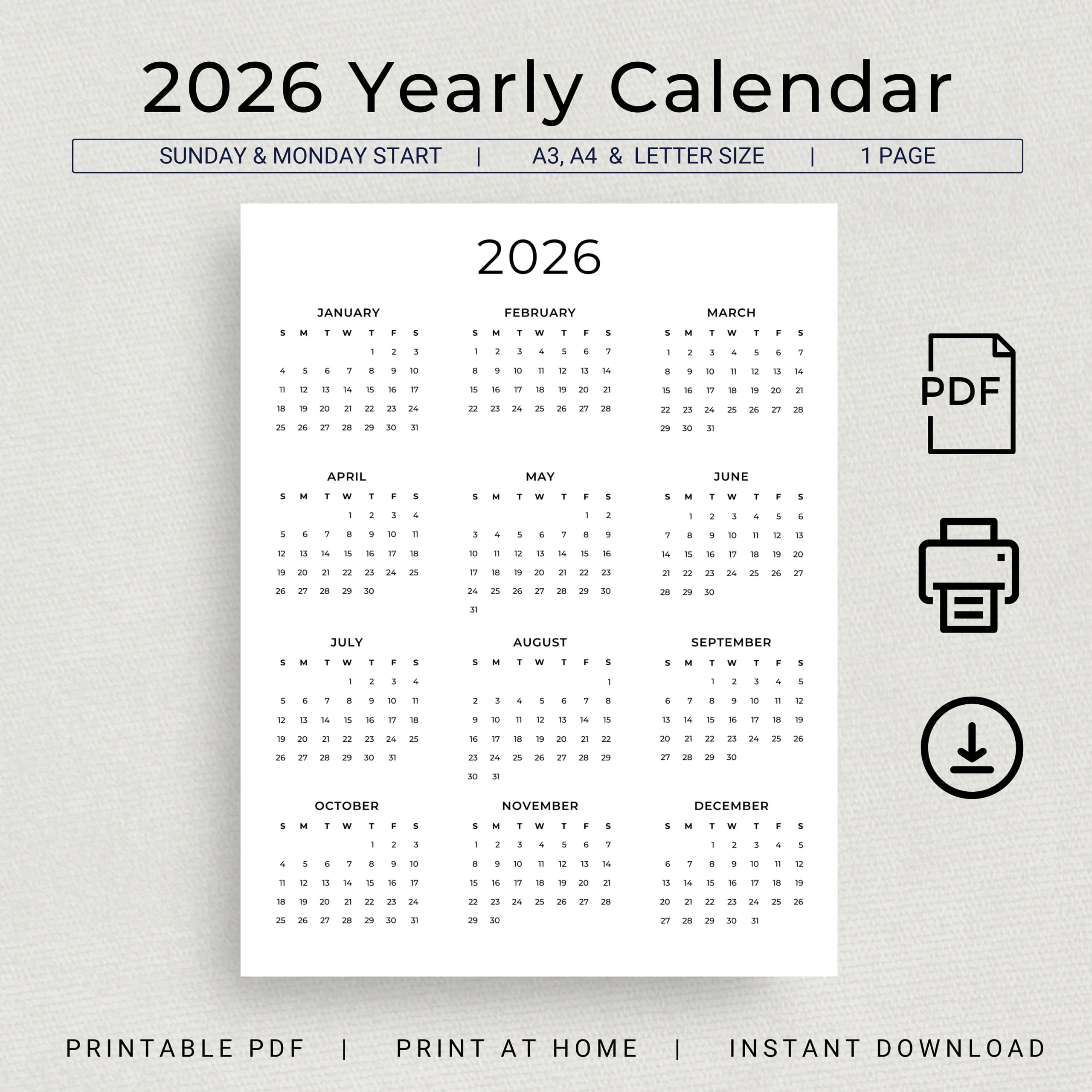 A5 Size Calendar 2026 Printable