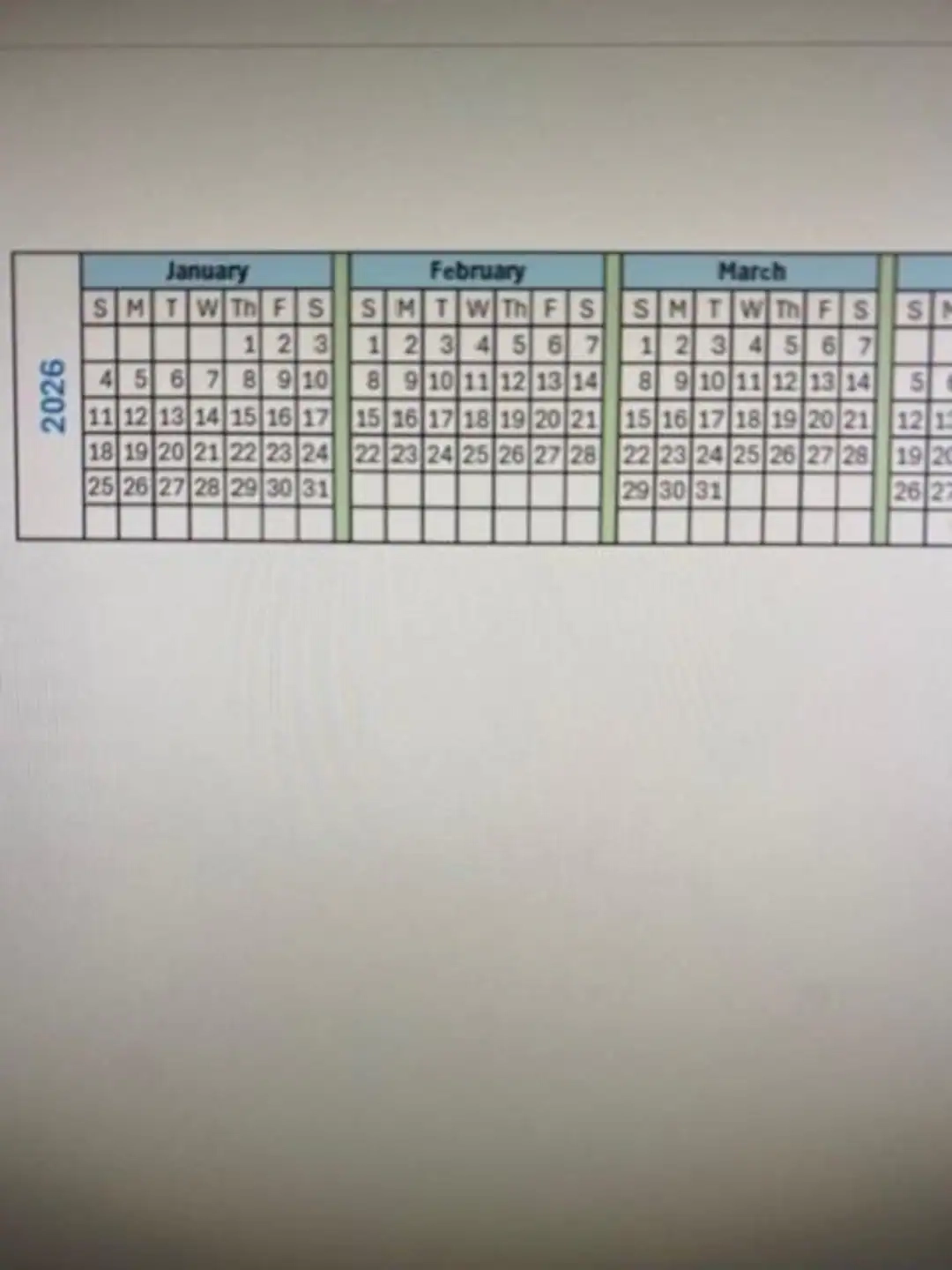 2026 Calendar Strip Printable