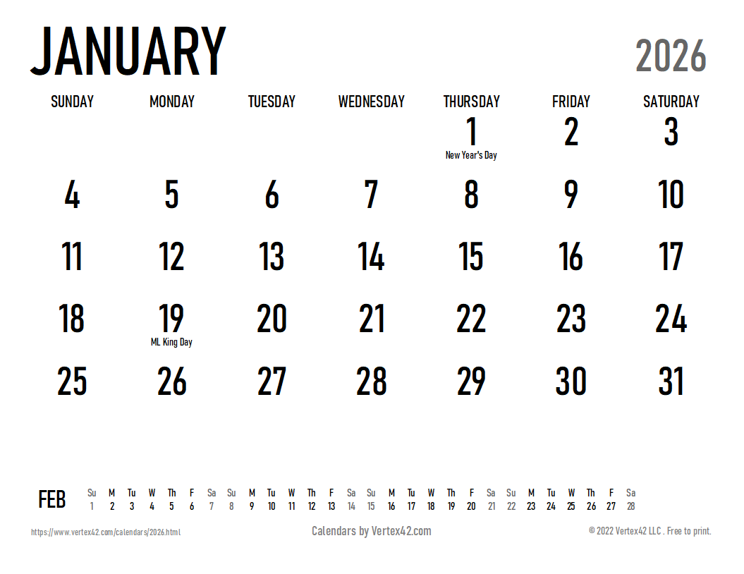Large Printable Calendar 2026