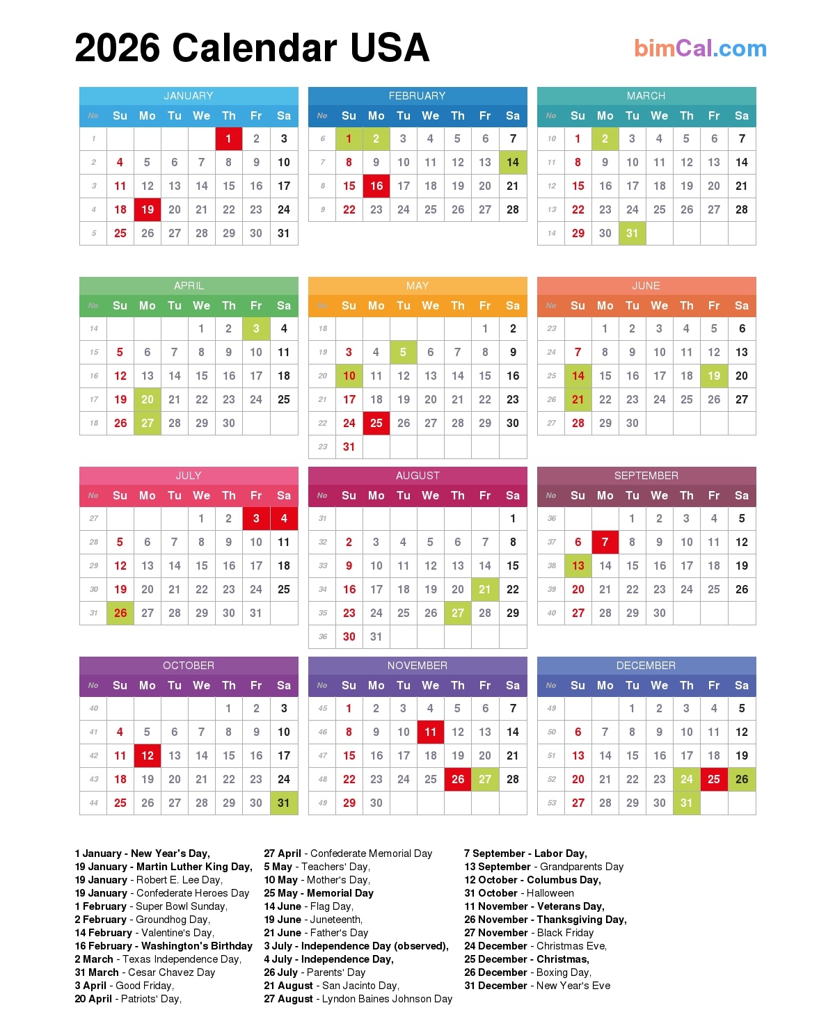 Printable Calendar 2026 With Us Holidays