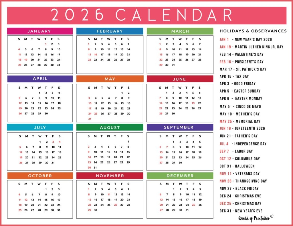2026 Calendar With Holidays Free Printable PDFs World Of 
