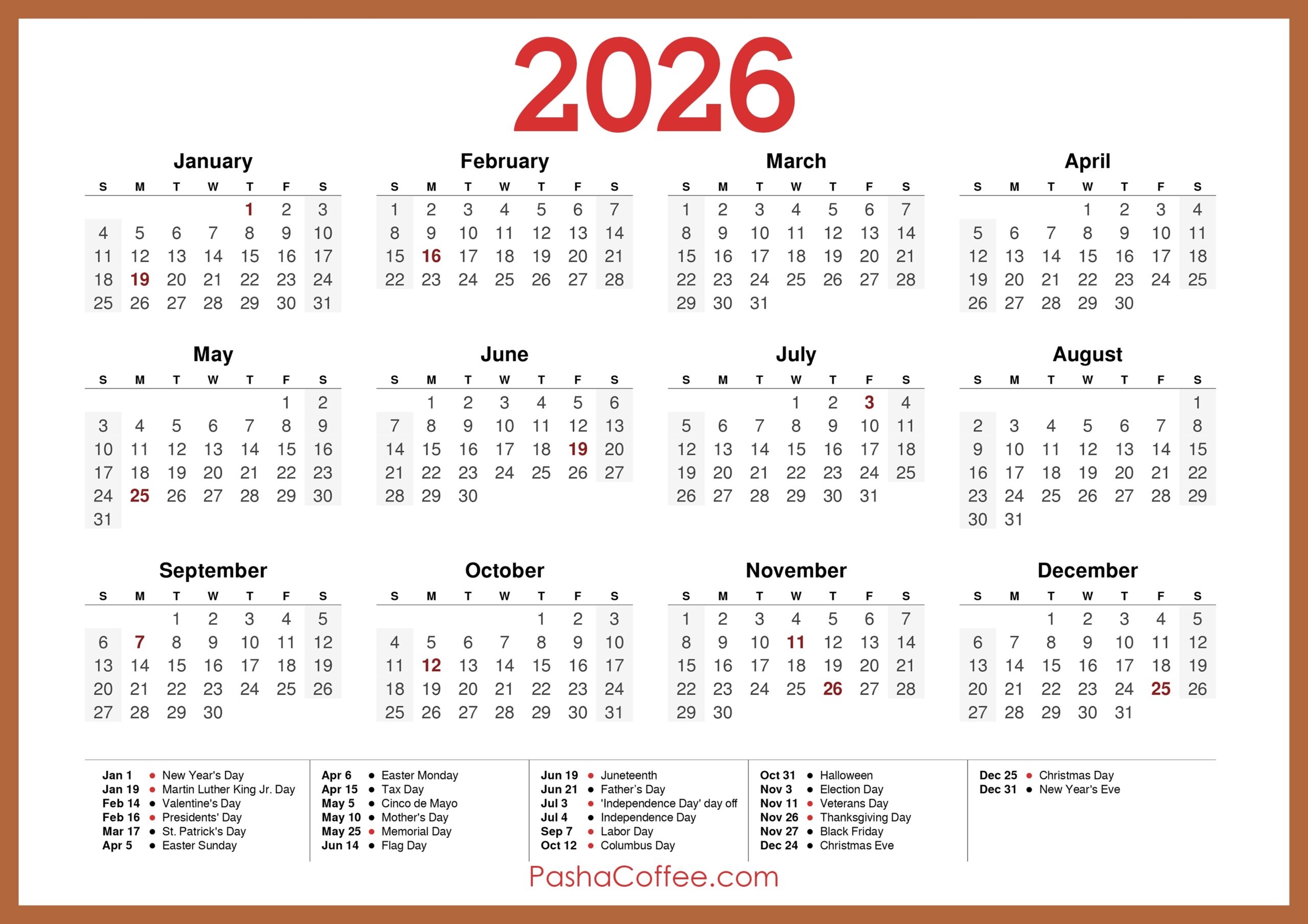 Printable 2026 Calendar With Holidays Free