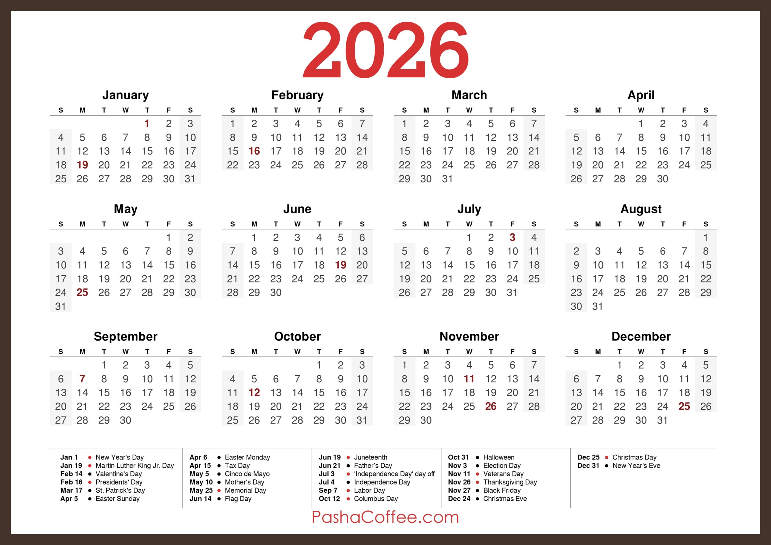 2026 Calendar With Holidays Printable Free Horizontal Brown 