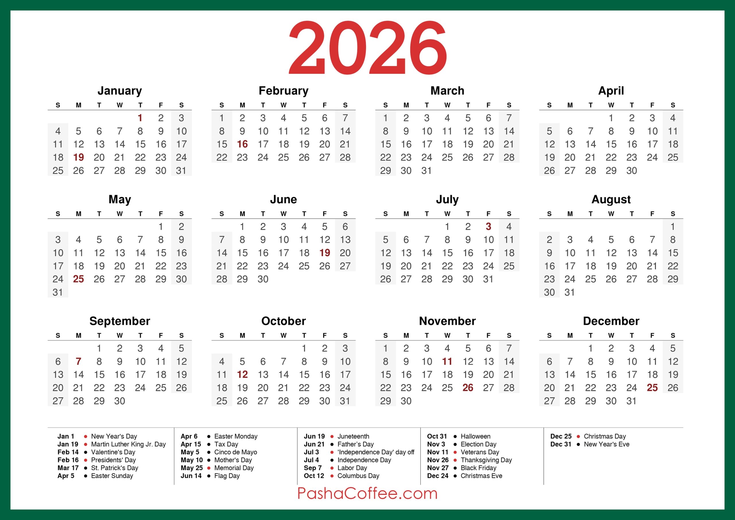 Free Printable Calendar With Holidays 2026