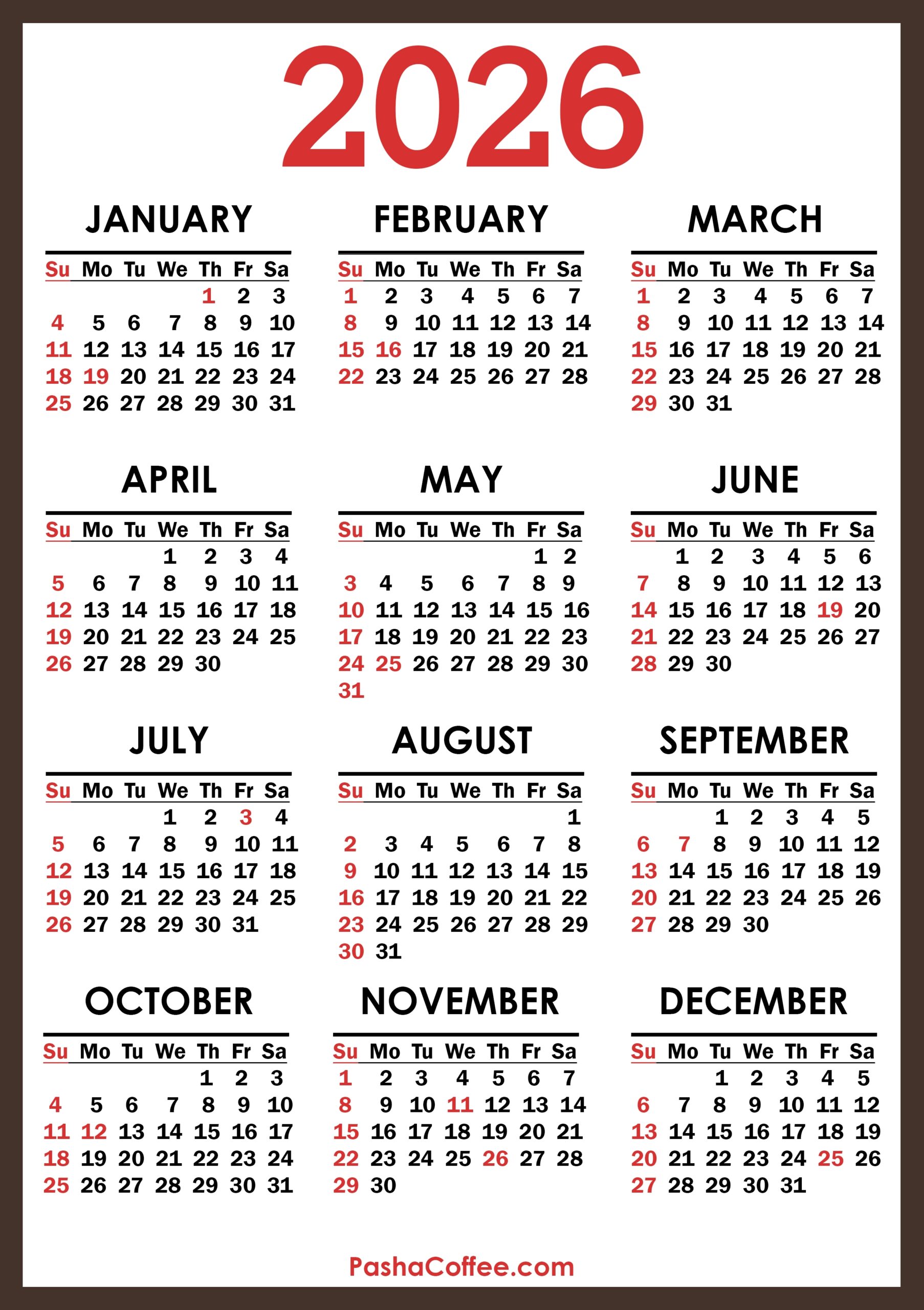 Printable 2026 Calendar With Holidays Usa