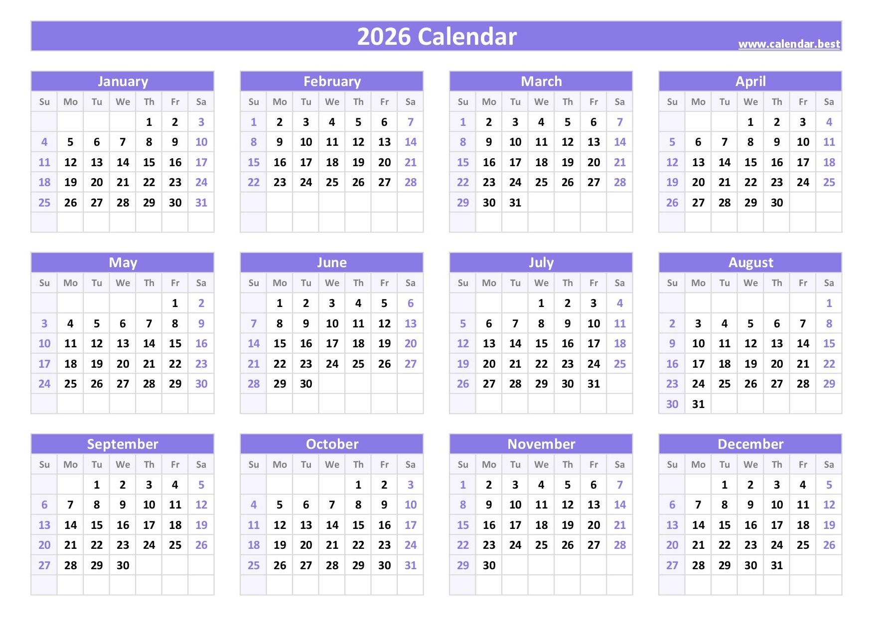 2026 Calendar Printable Landscape