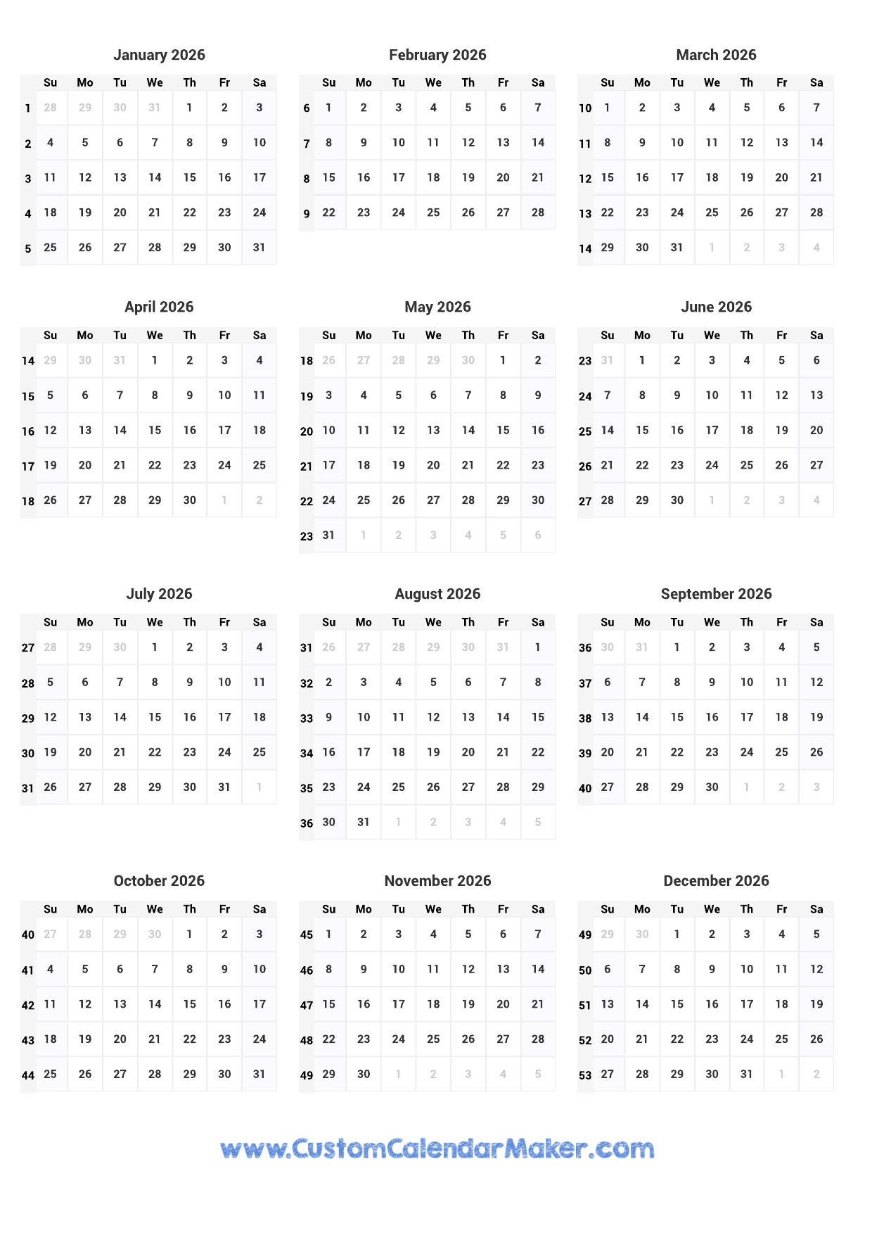 Free Printable 2026 Calendar With Week Numbers
