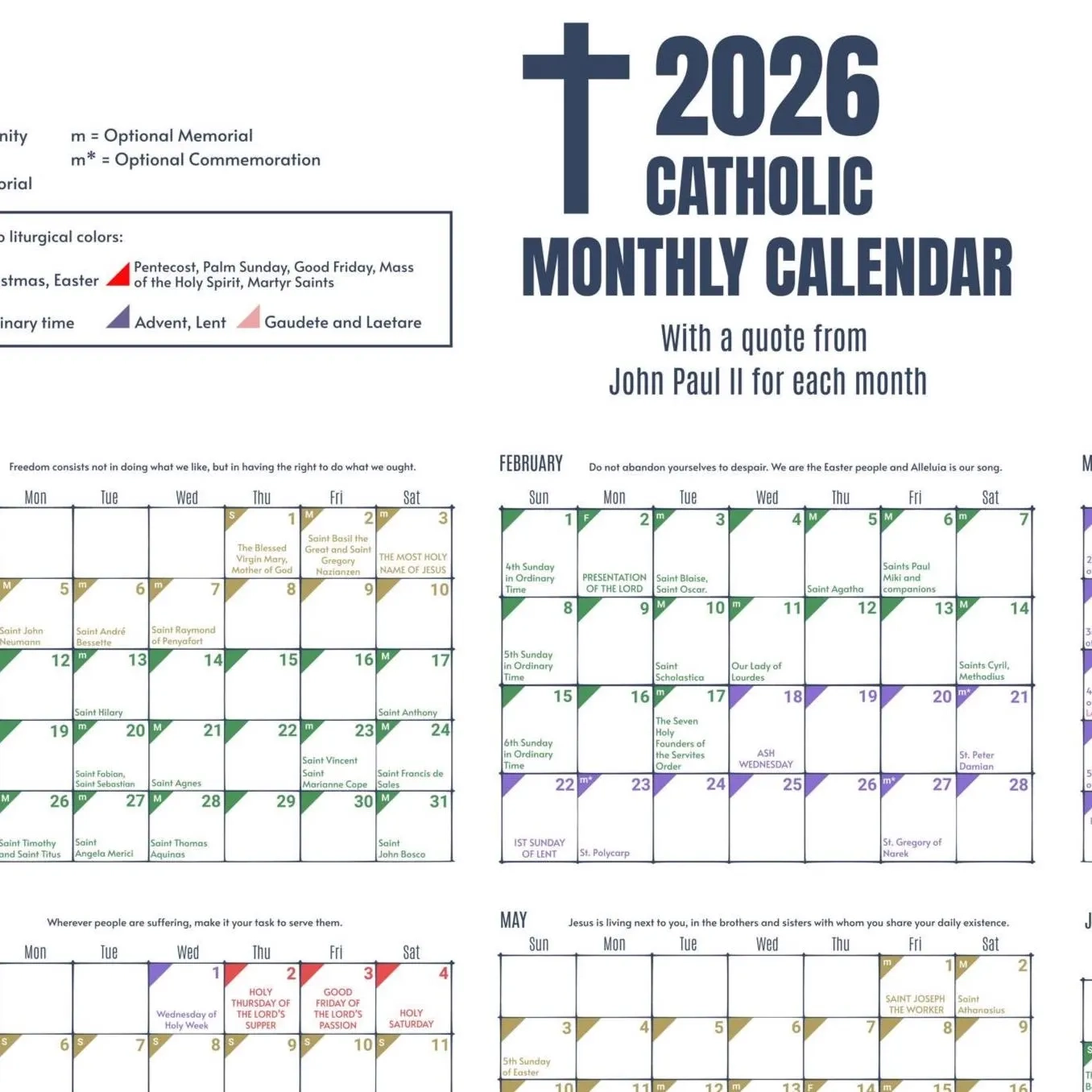 2026 Color coded Liturgical Calendar Instant Download Catholic 