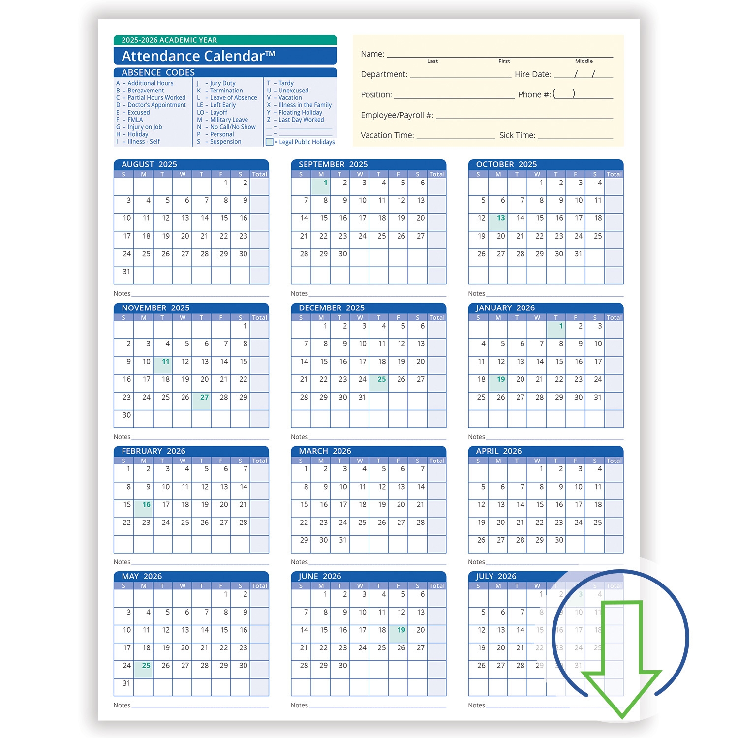 2026 Downloadable Academic Year Employee Attendance Calendar 