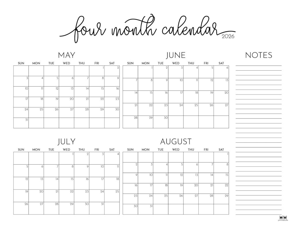 May June July August 2026 Calendar Printable