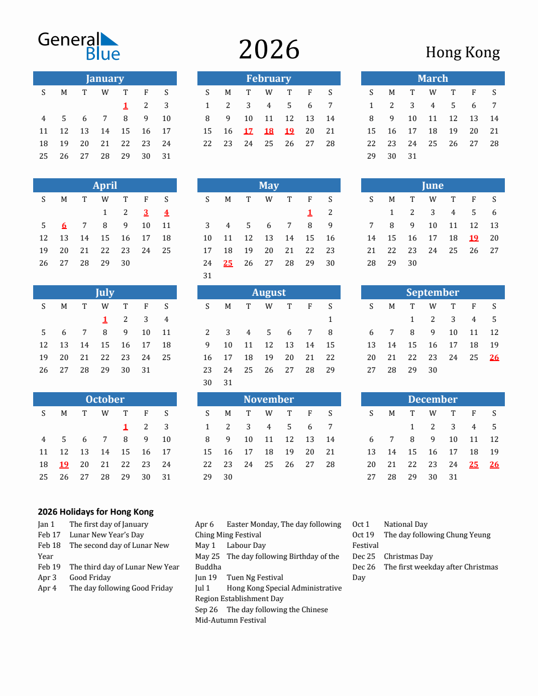 2026 Hong Kong Calendar With Holidays Monday Start 