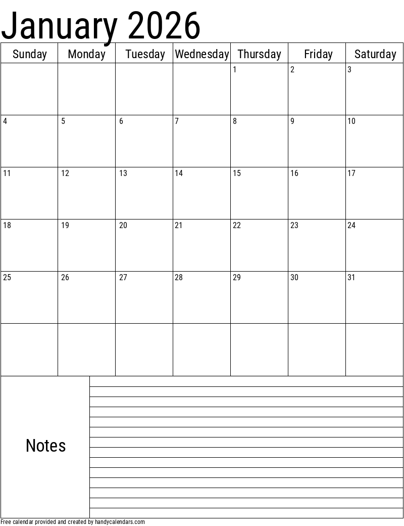 January 2026 Calendar Free Printable