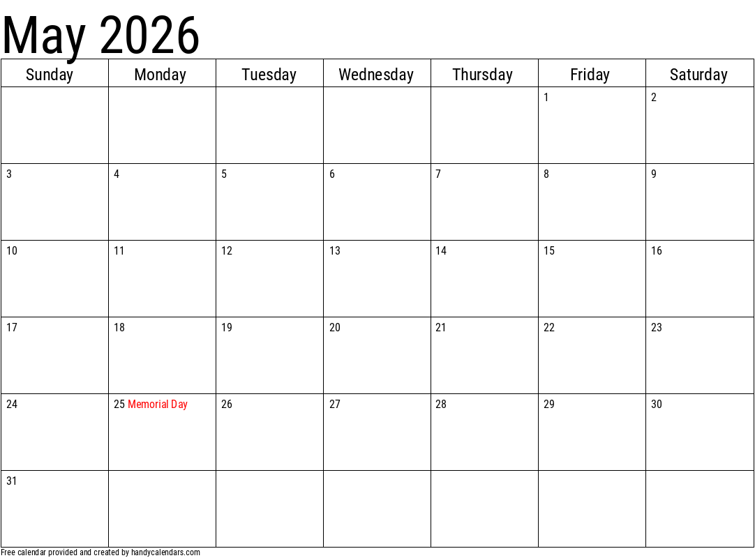 Free Printable 2026 May Calendar