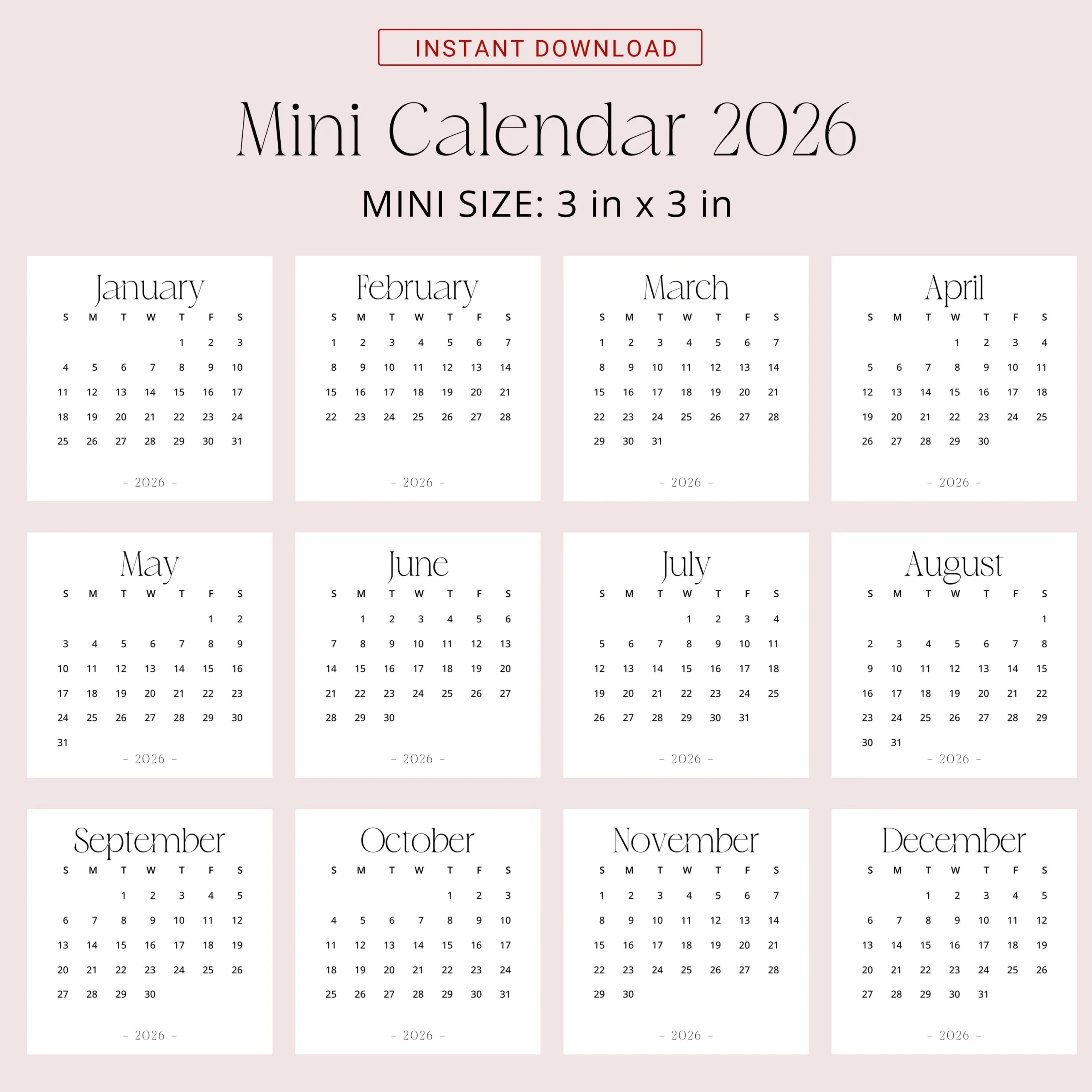 2026 Mini Calendar 3x3 2026 Calendar Small PRINTABLE PDF 2026 