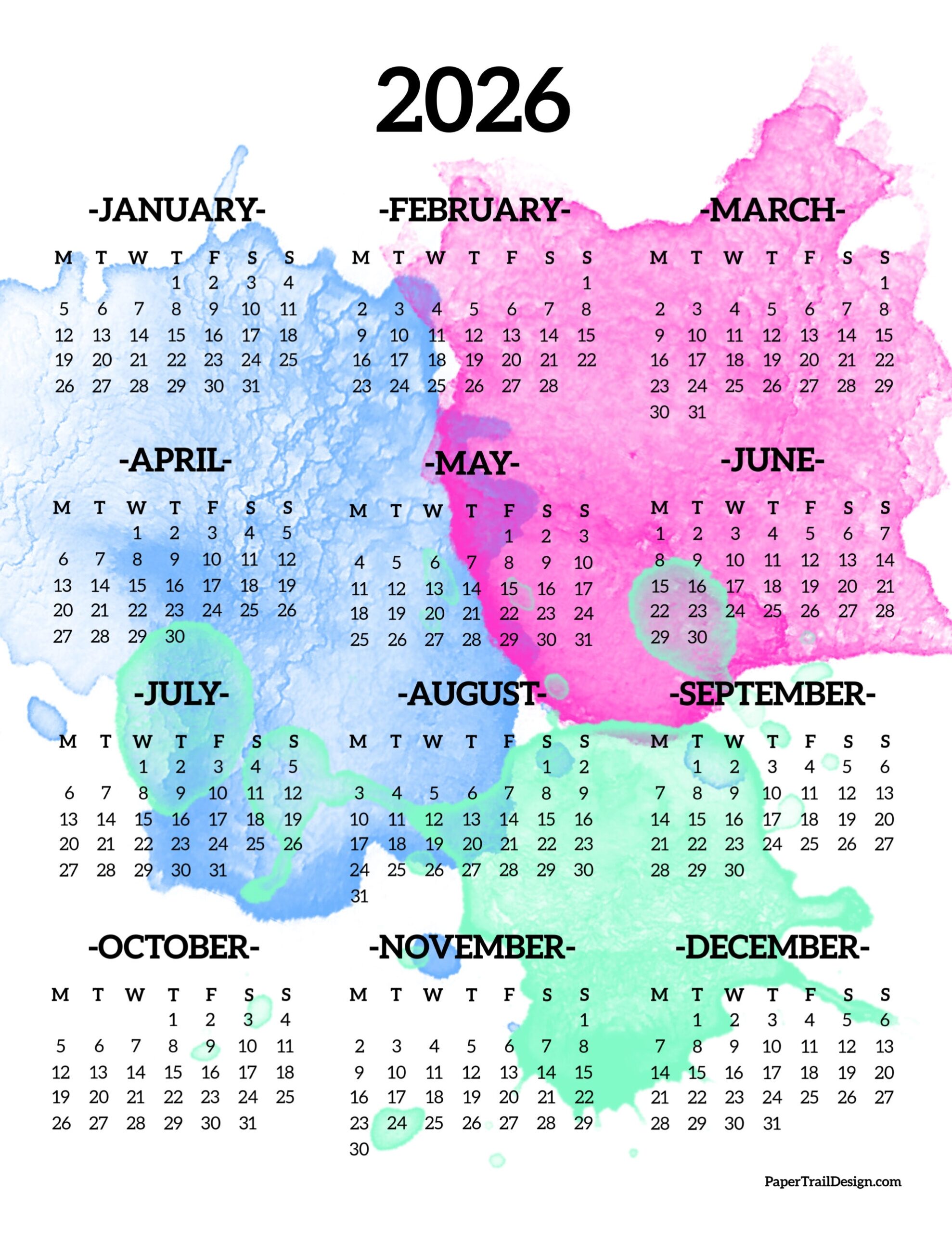 2026 Printable Calendar Monday Start