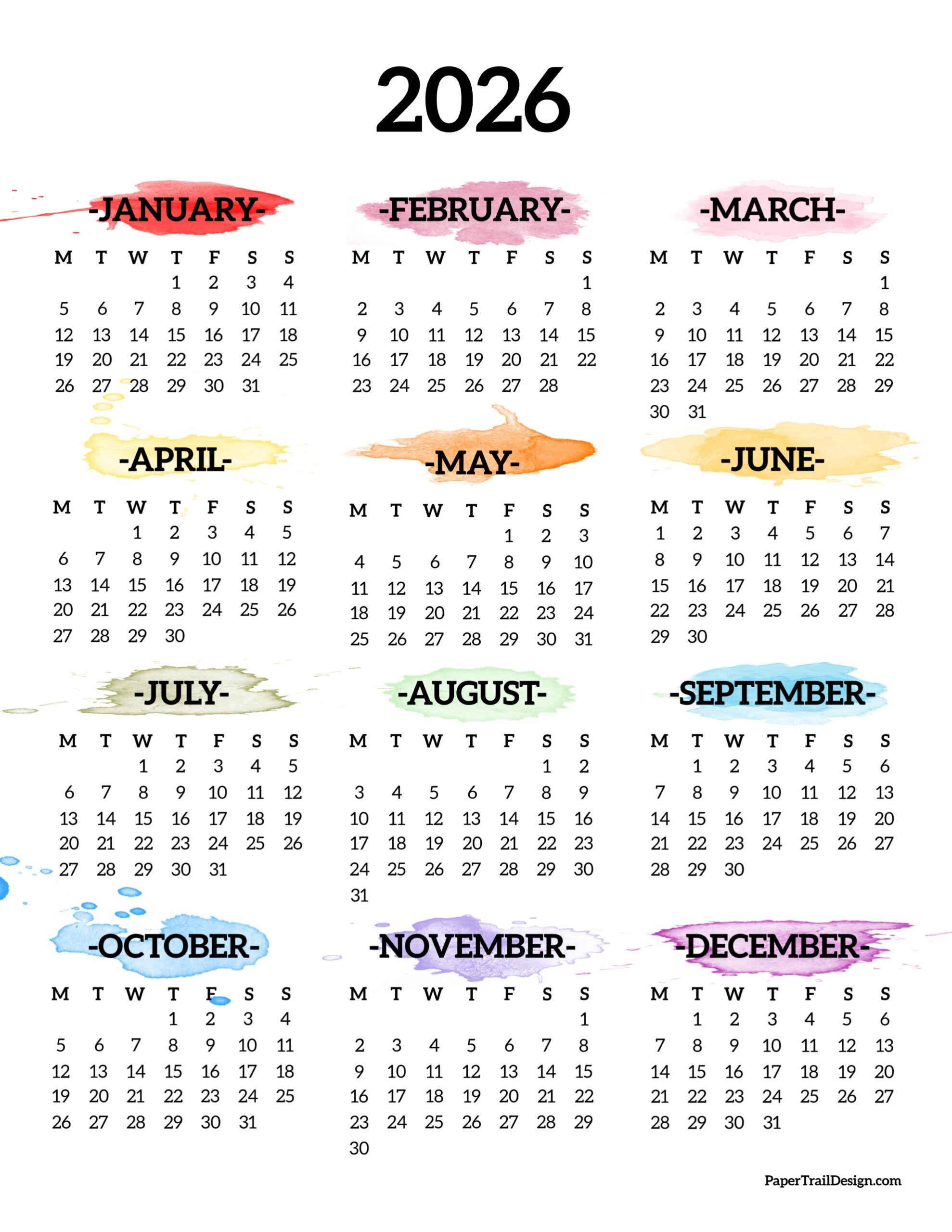 2026 One Page Calendar Free Printable