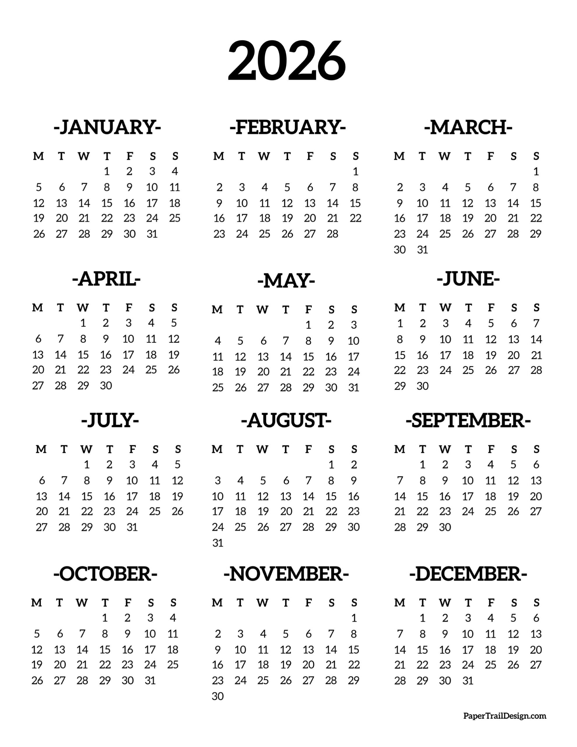 2026 Monday Start Calendar One Page Paper Trail Design