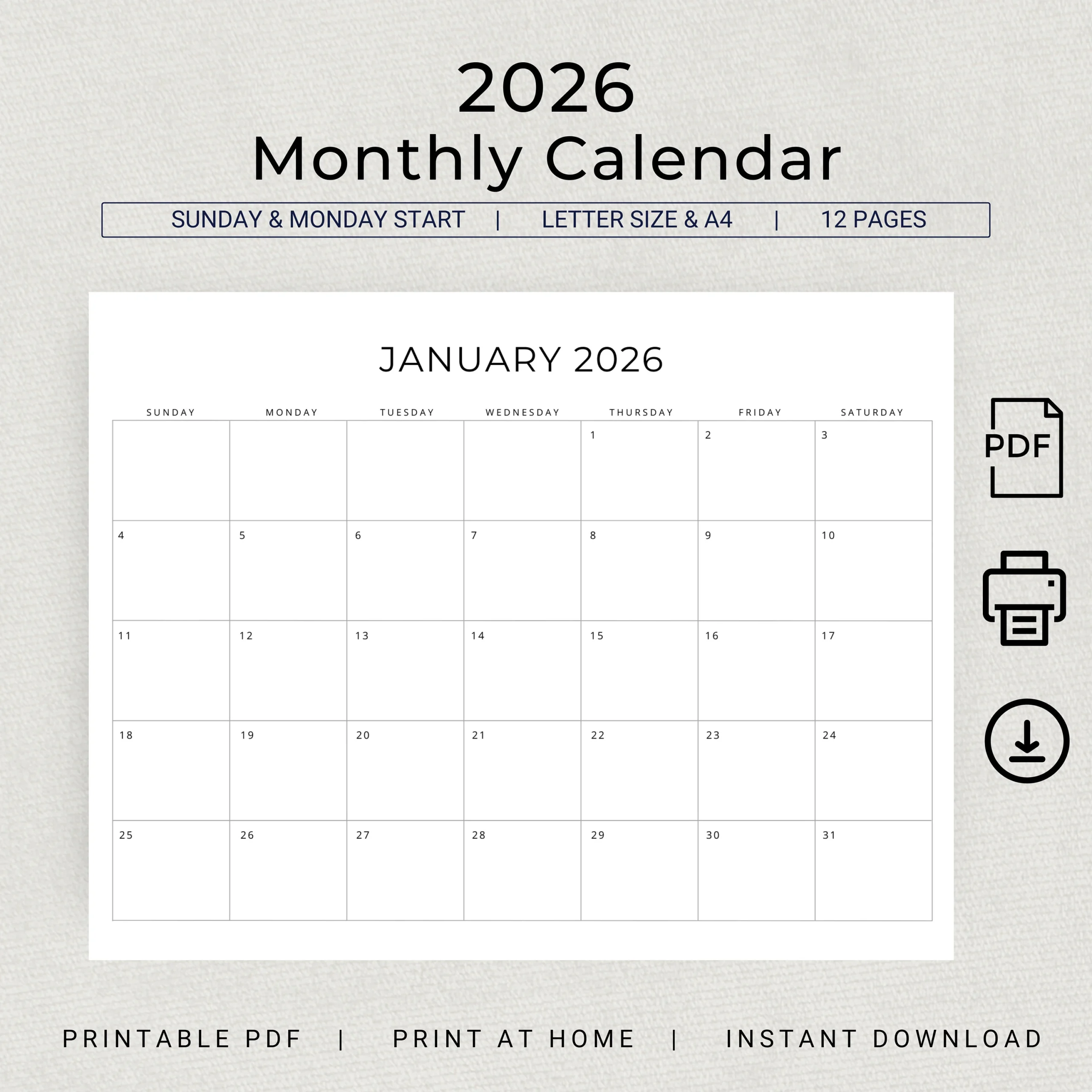 2026 Monthly Calendar PRINTABLE 2026 Monthly Planner Landscape 