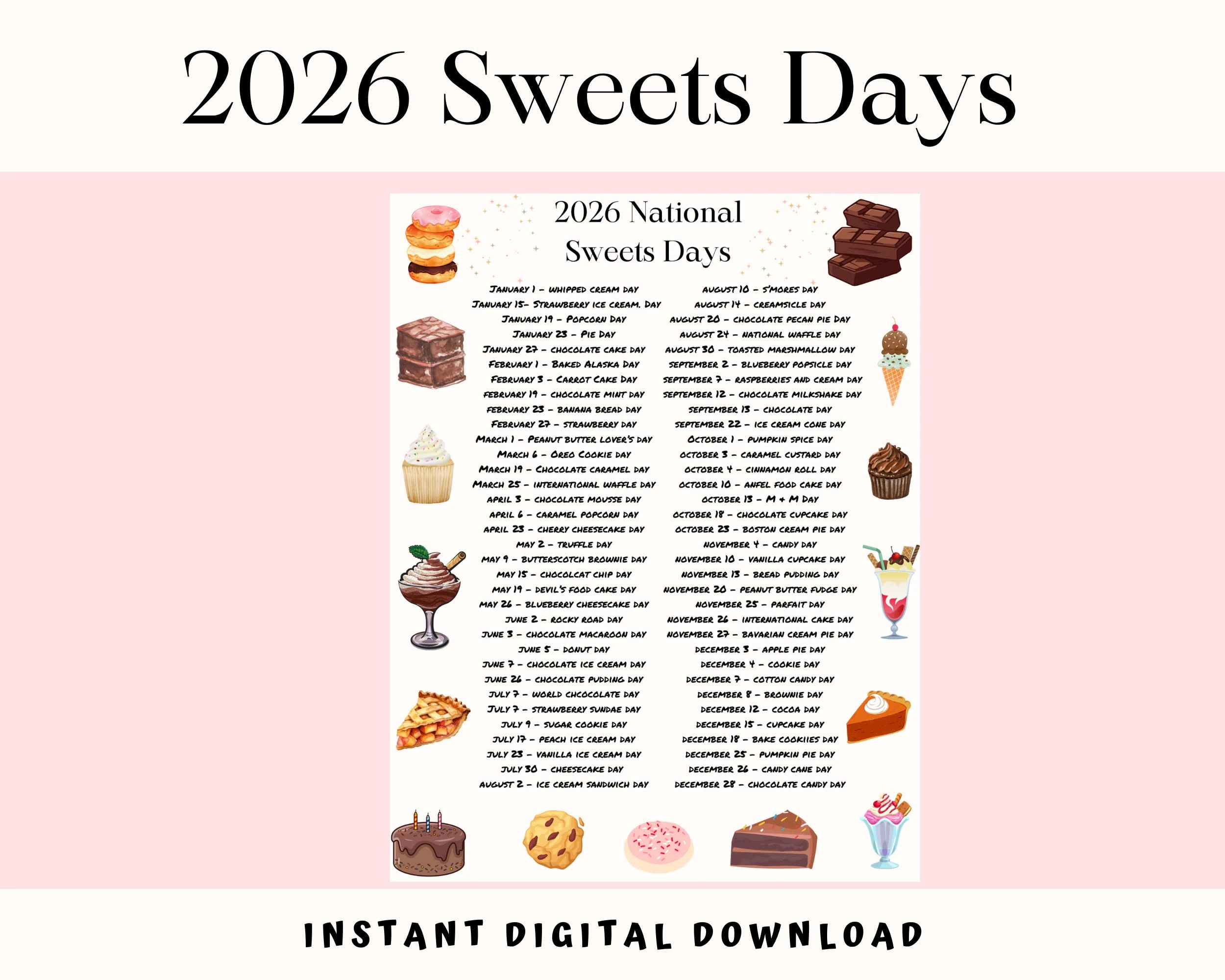 2026 National Sweets Days Calendar Dessert Food Holiday Printable 