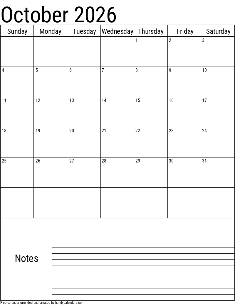 2026 October Calendars Handy Calendars