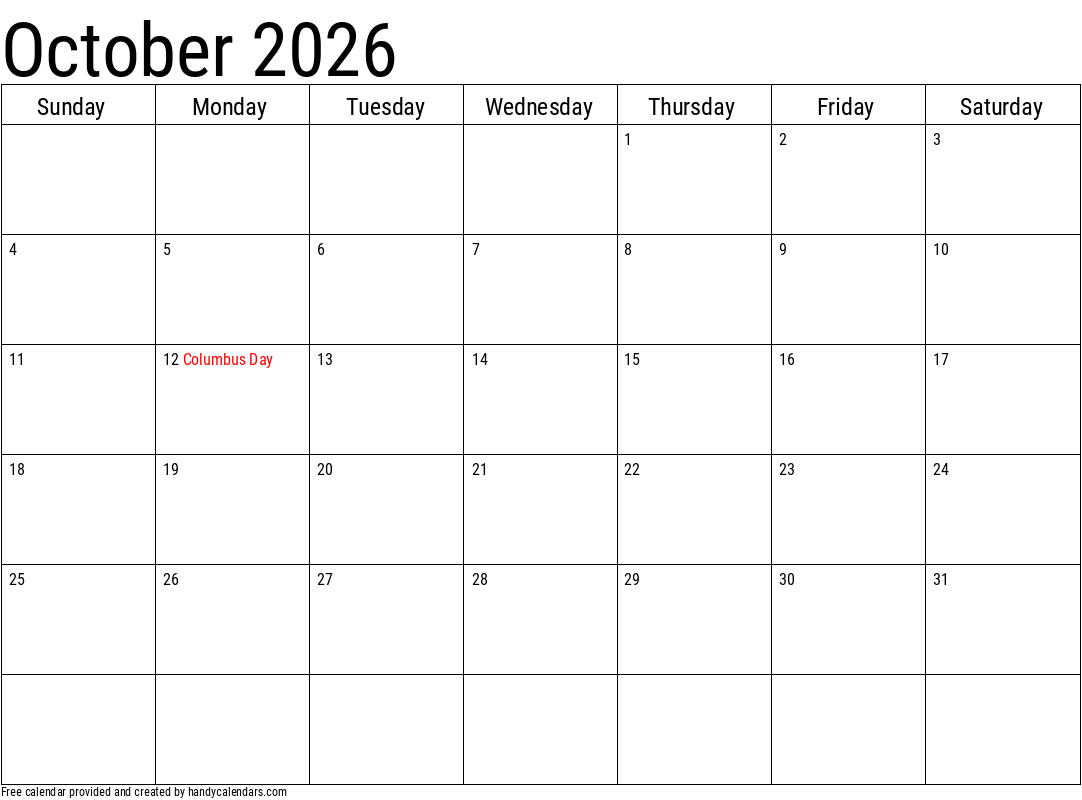 October 2026 Calendar Printable