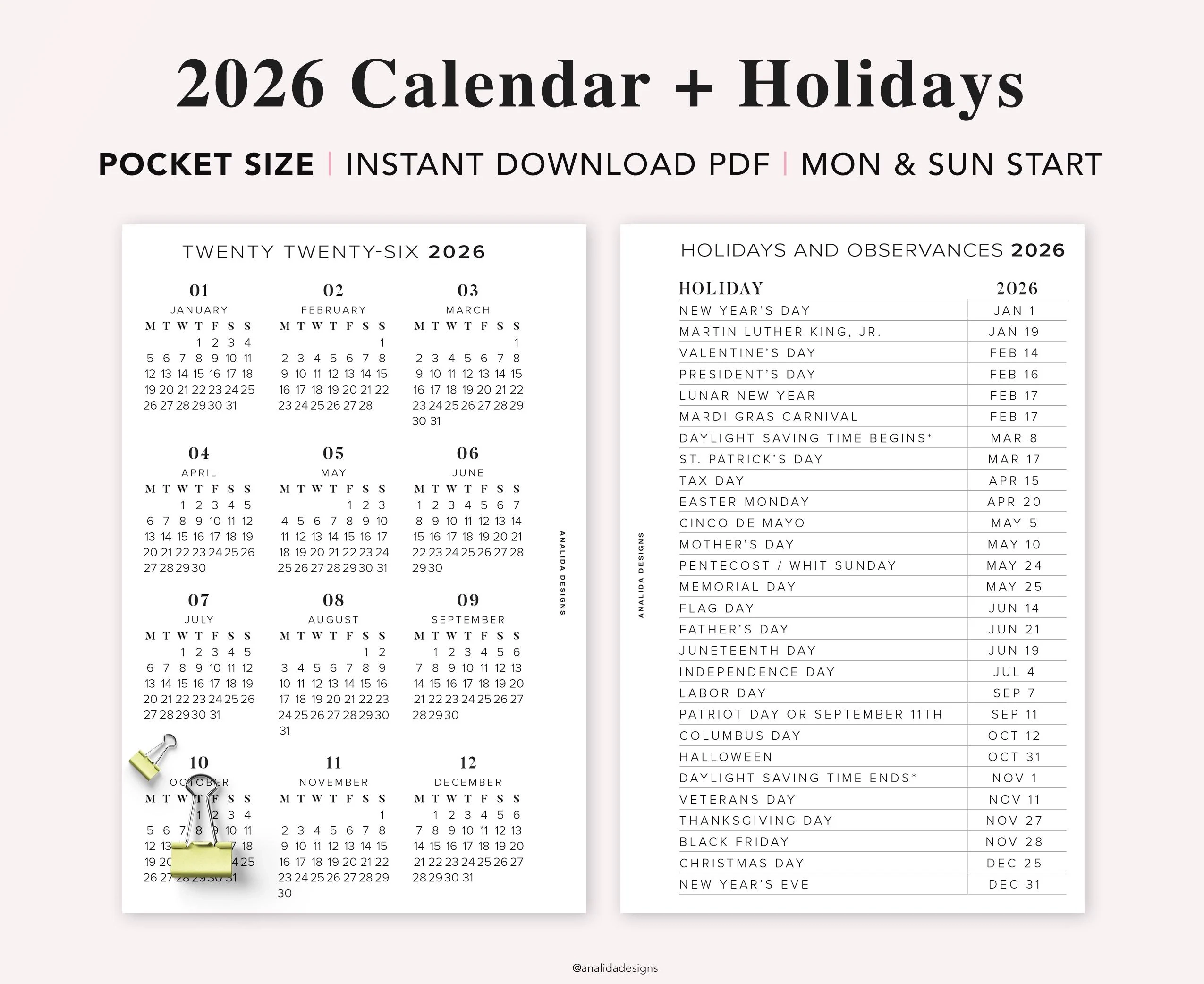 2026 Pocket Calendar Printable