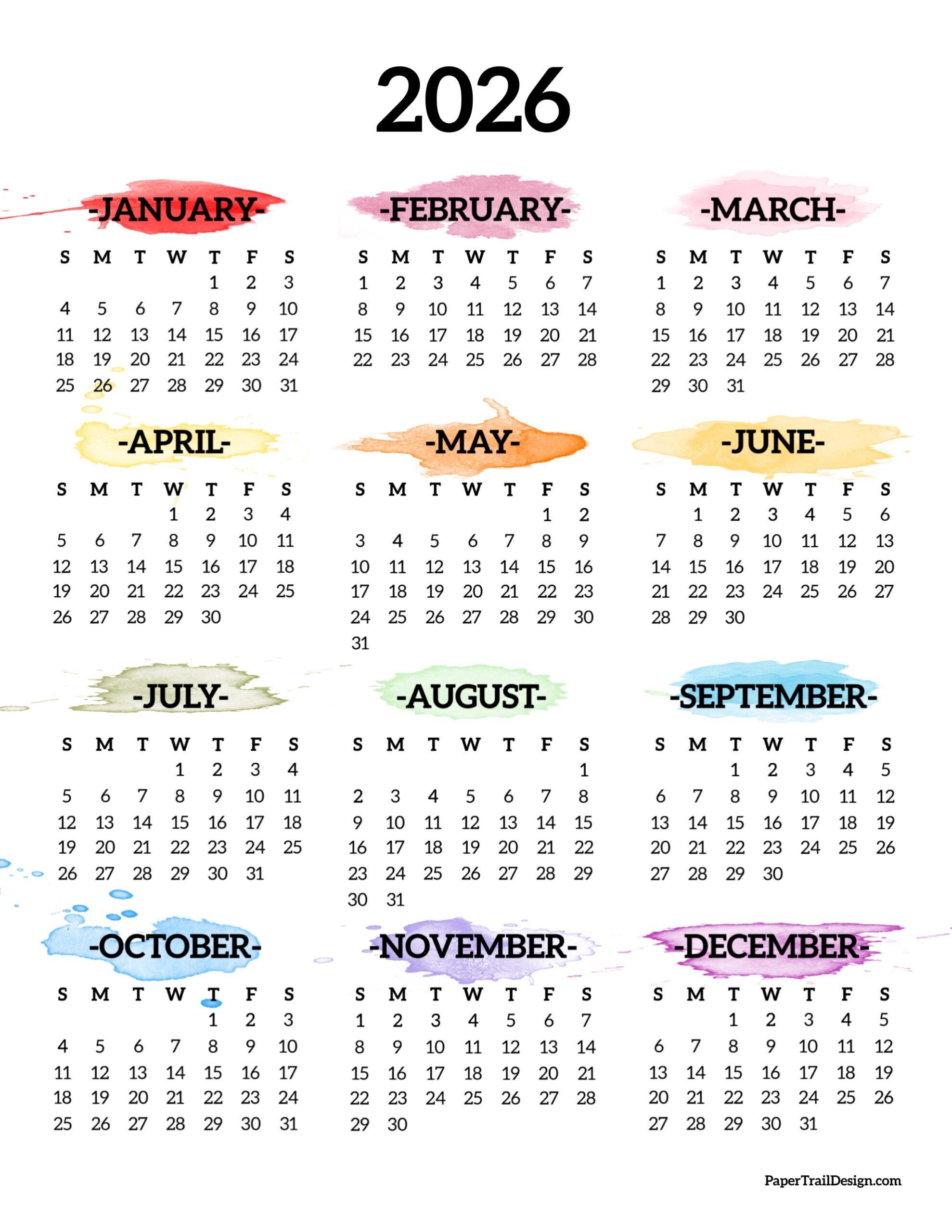 Printable 2026 Yearly Calendar