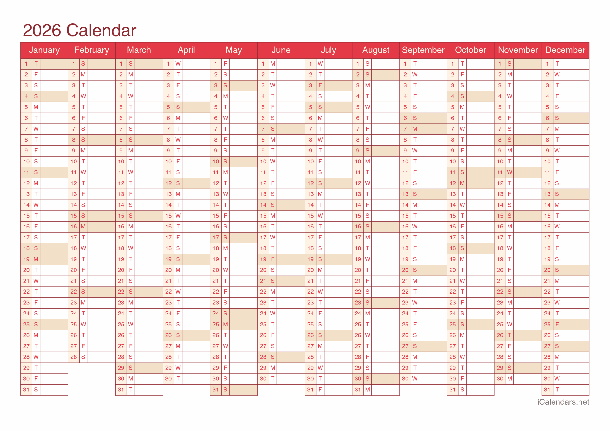 Free Printable Blank Yearly Calendar 2026