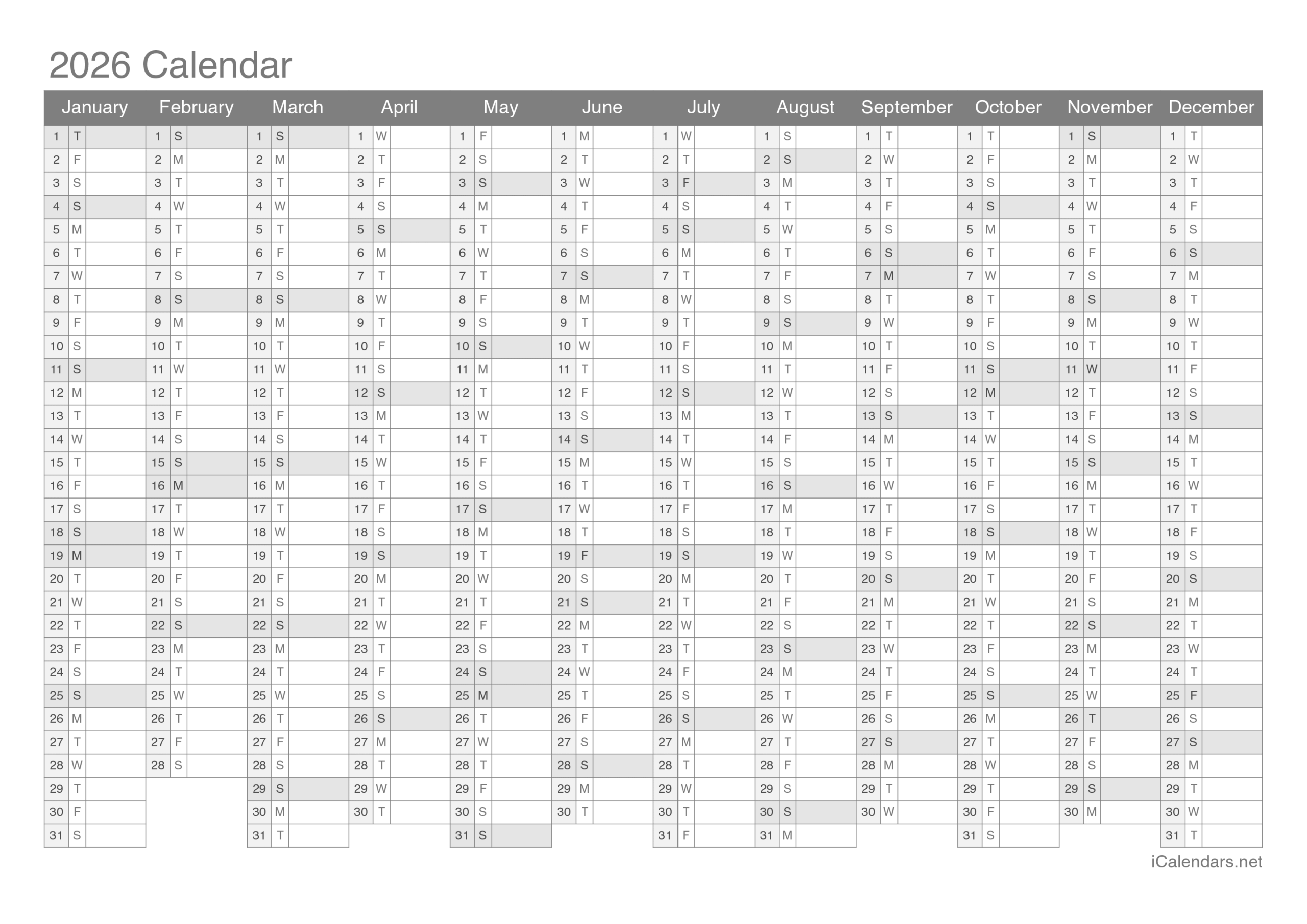 2026 Whole Year Calendar Printable
