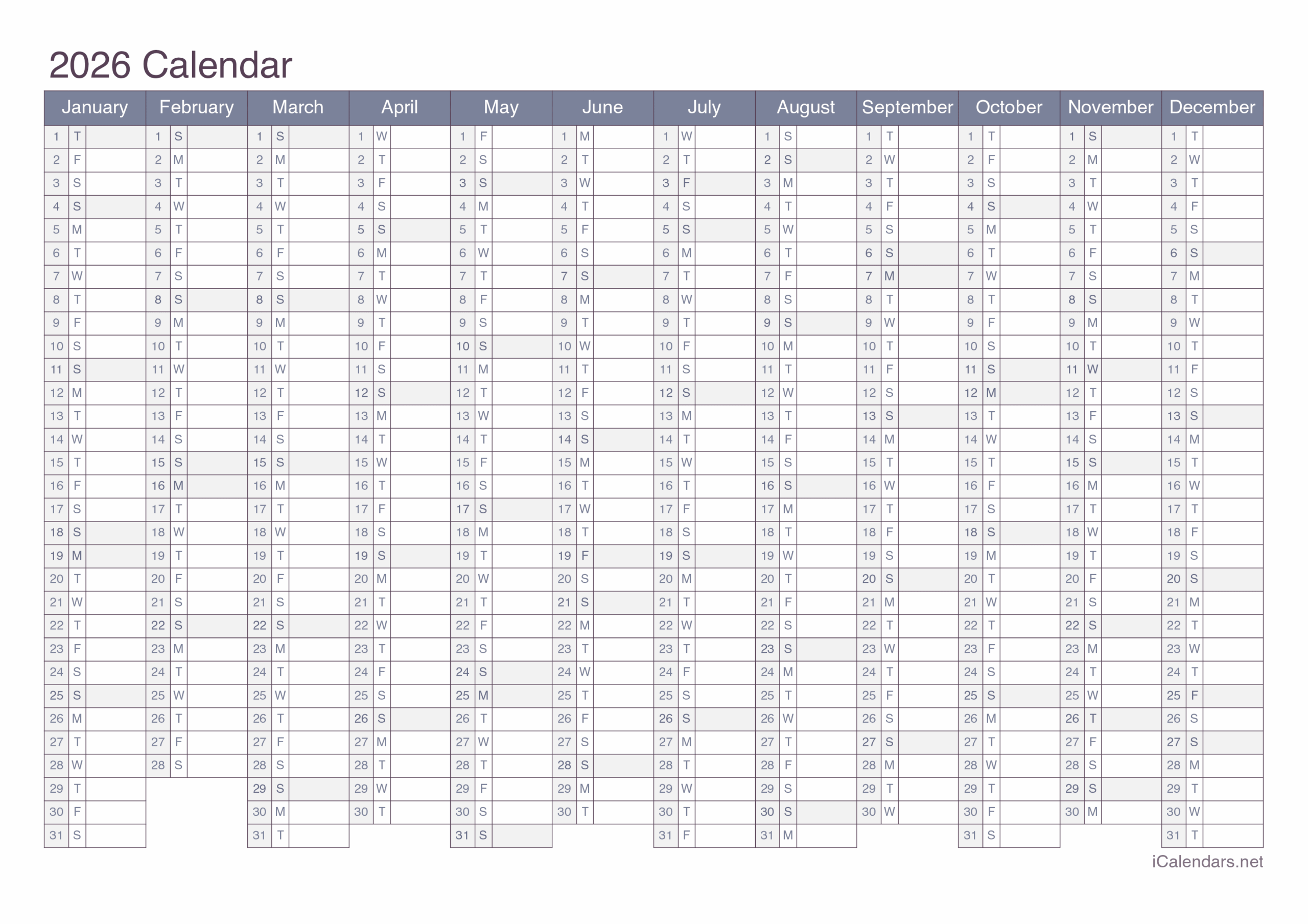 2026 Calendar One Page Printable