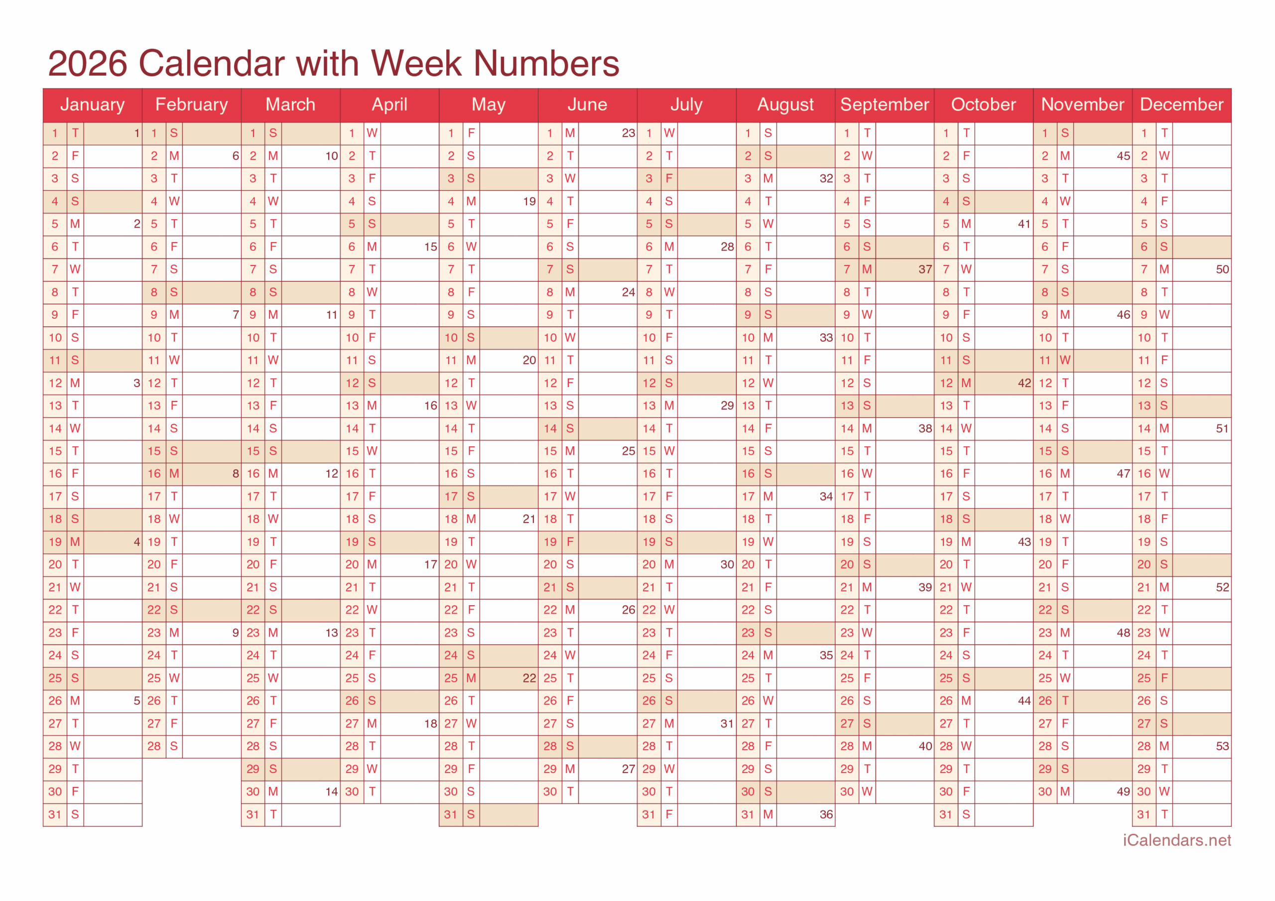 2026 Printable Calendar PDF Or Excel