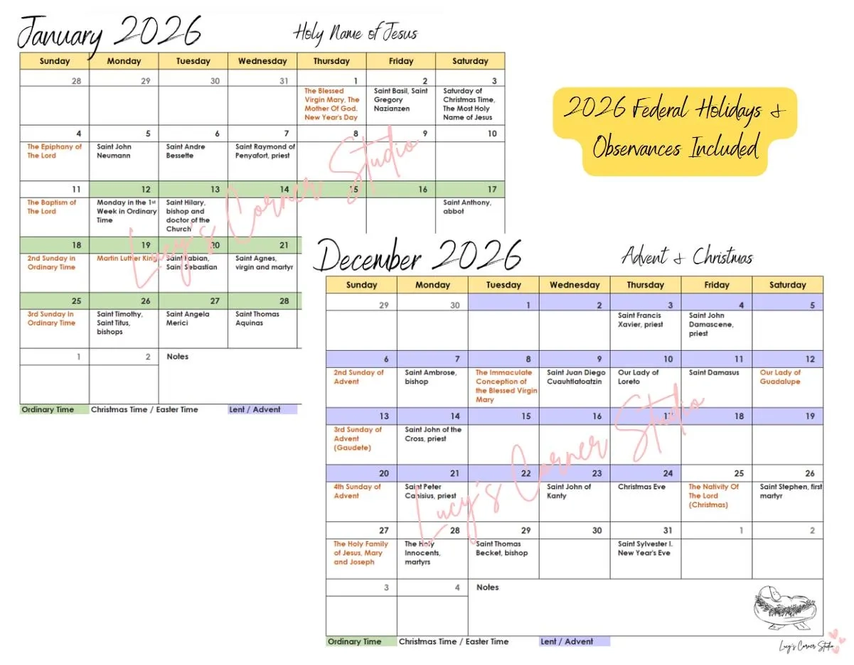 2026 Printable Monthly Catholic Calendar Liturgical Catholic 