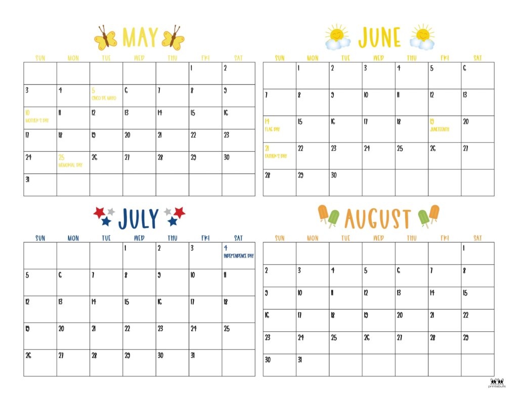 2026 Summer Calendars 31 FREE Printables Printabulls