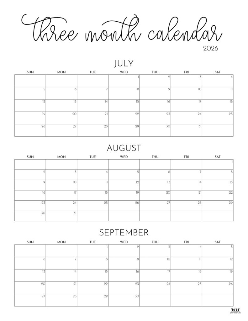 3 Month Calendar 2026 Printable Free