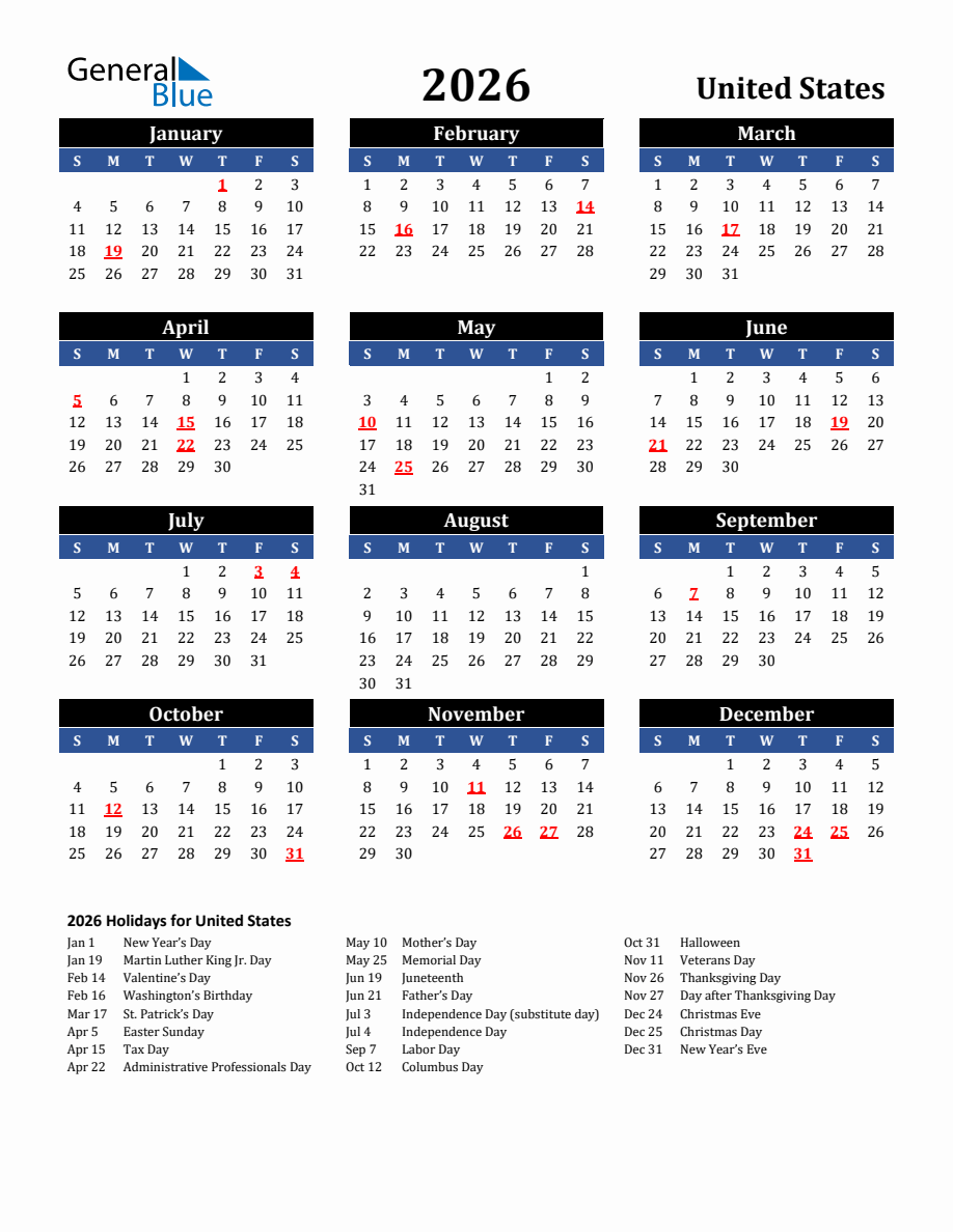 2026 Us Calendar With Holidays Printable