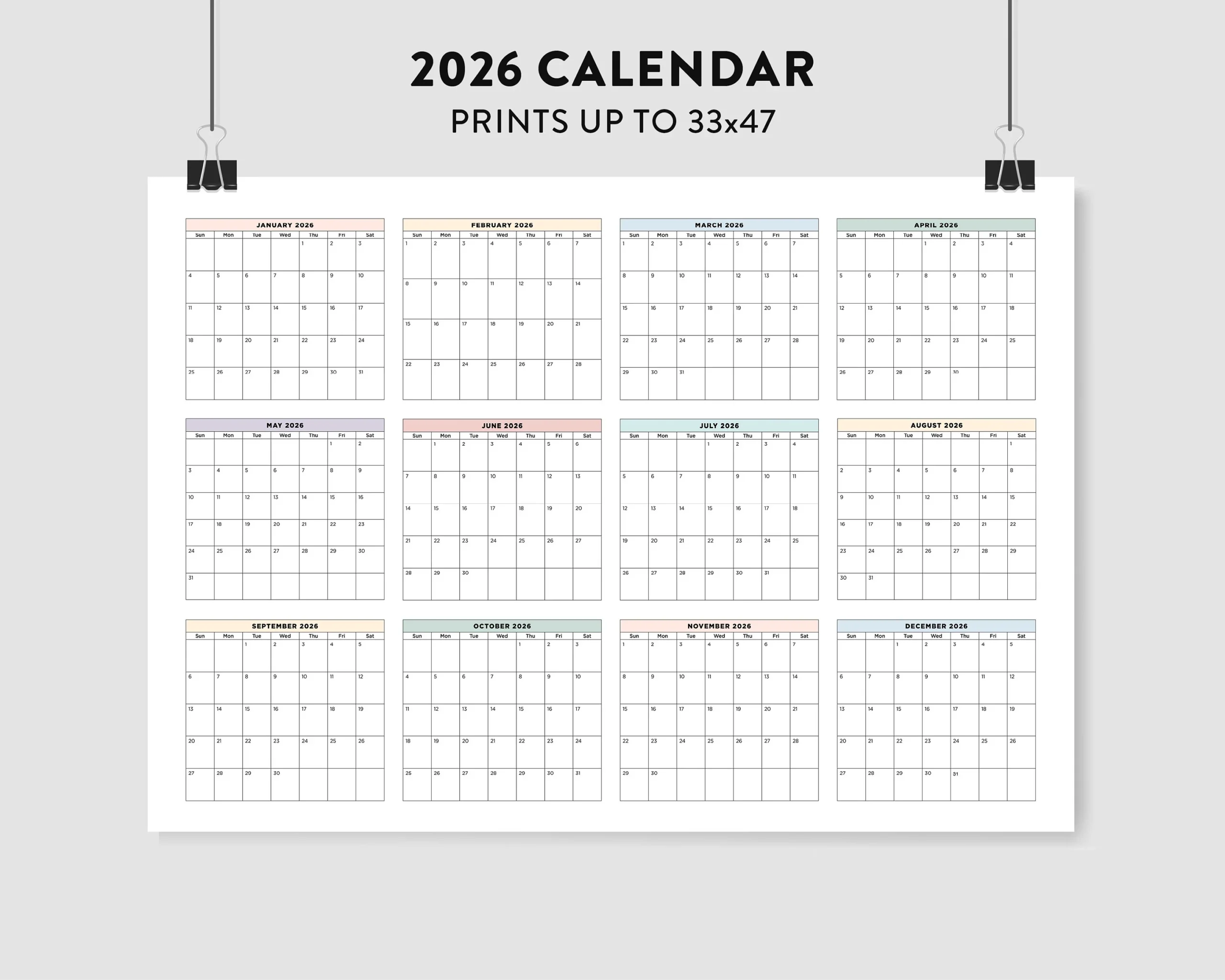 2026 Wall Calendar 2026 Large Printable Calendar 2026 Pastel 
