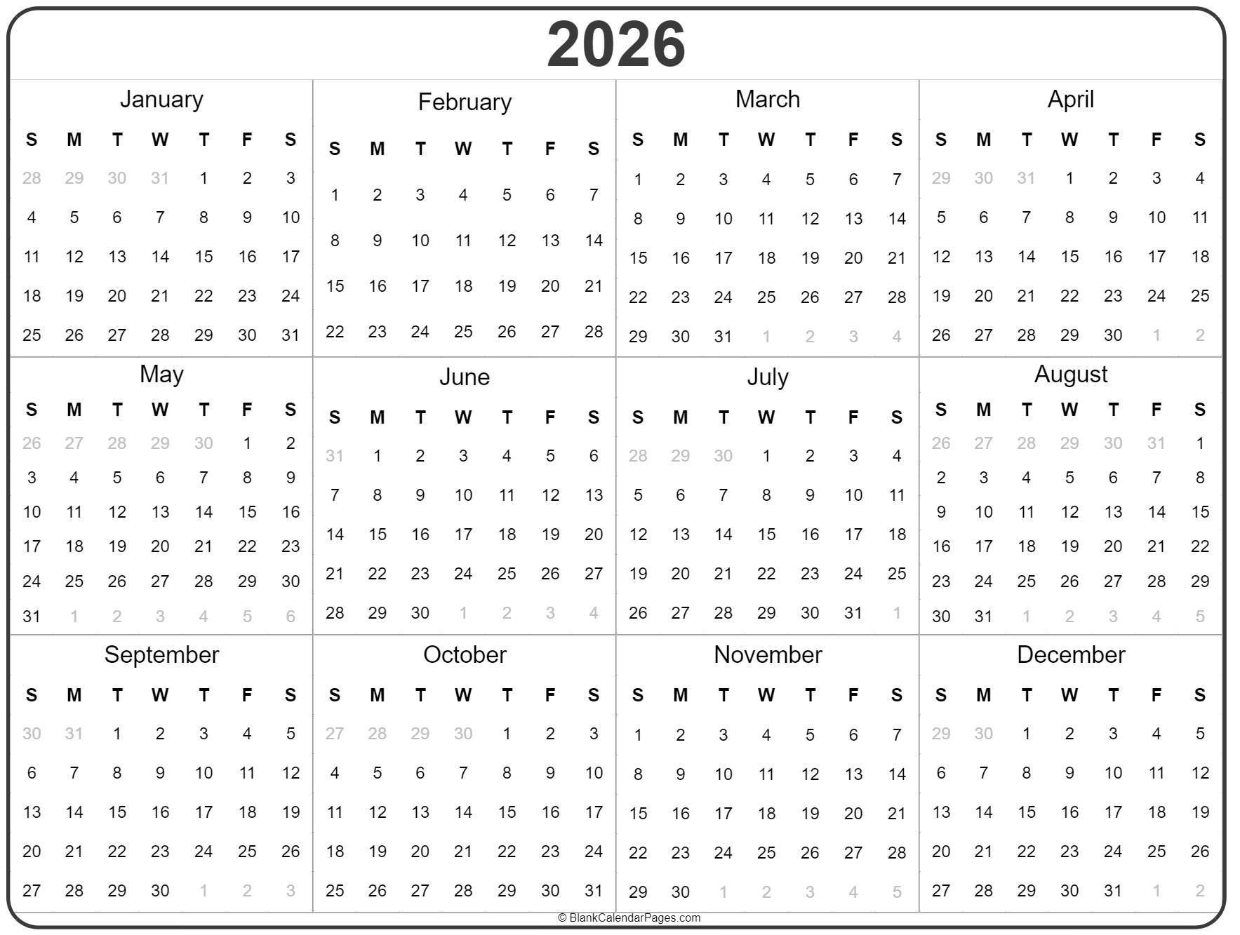 2026 Annual Calendar Printable