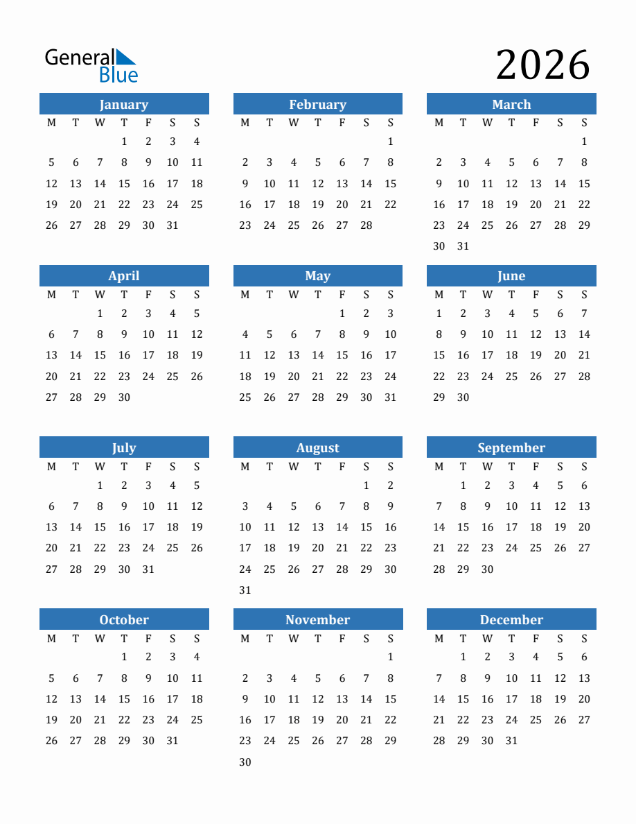 2026 Yearly Calendar With Monday Start