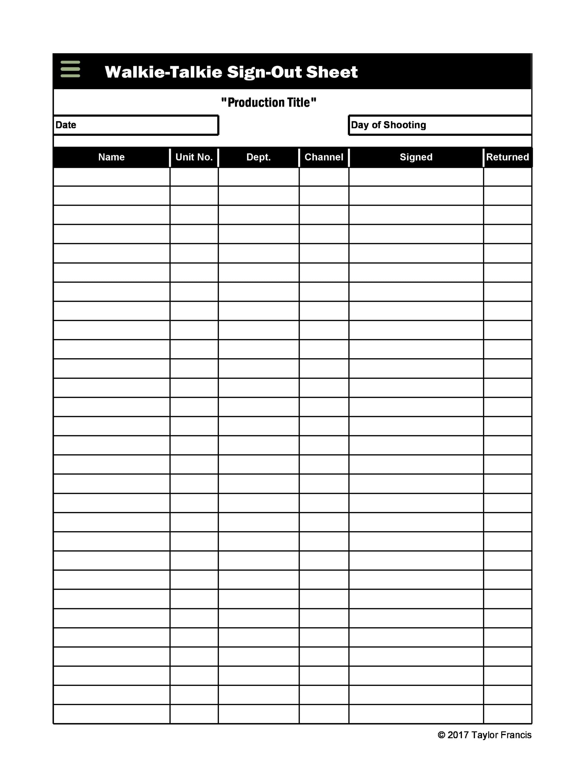 Printable Sign Out Sheet