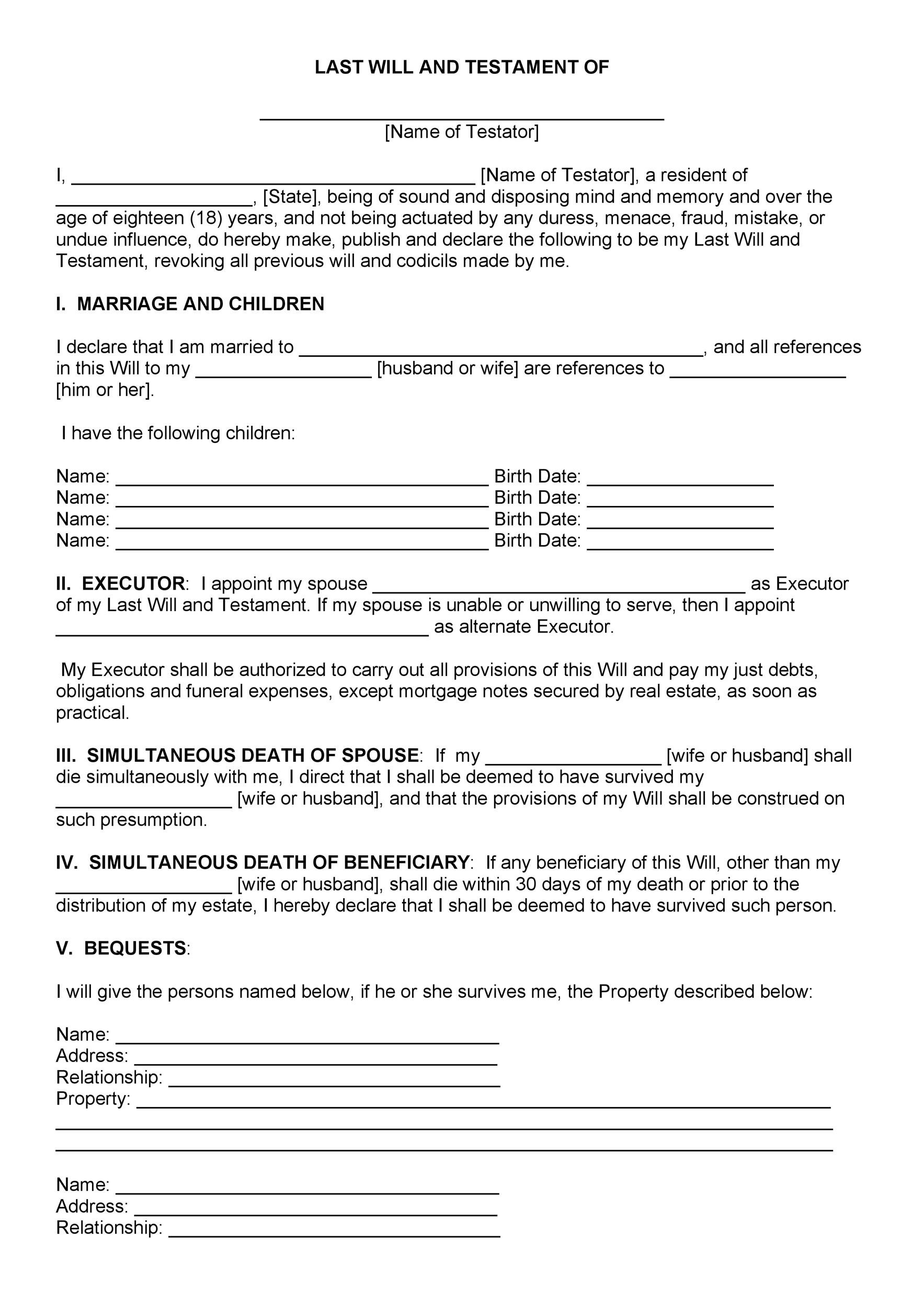 Last Will Printable Form